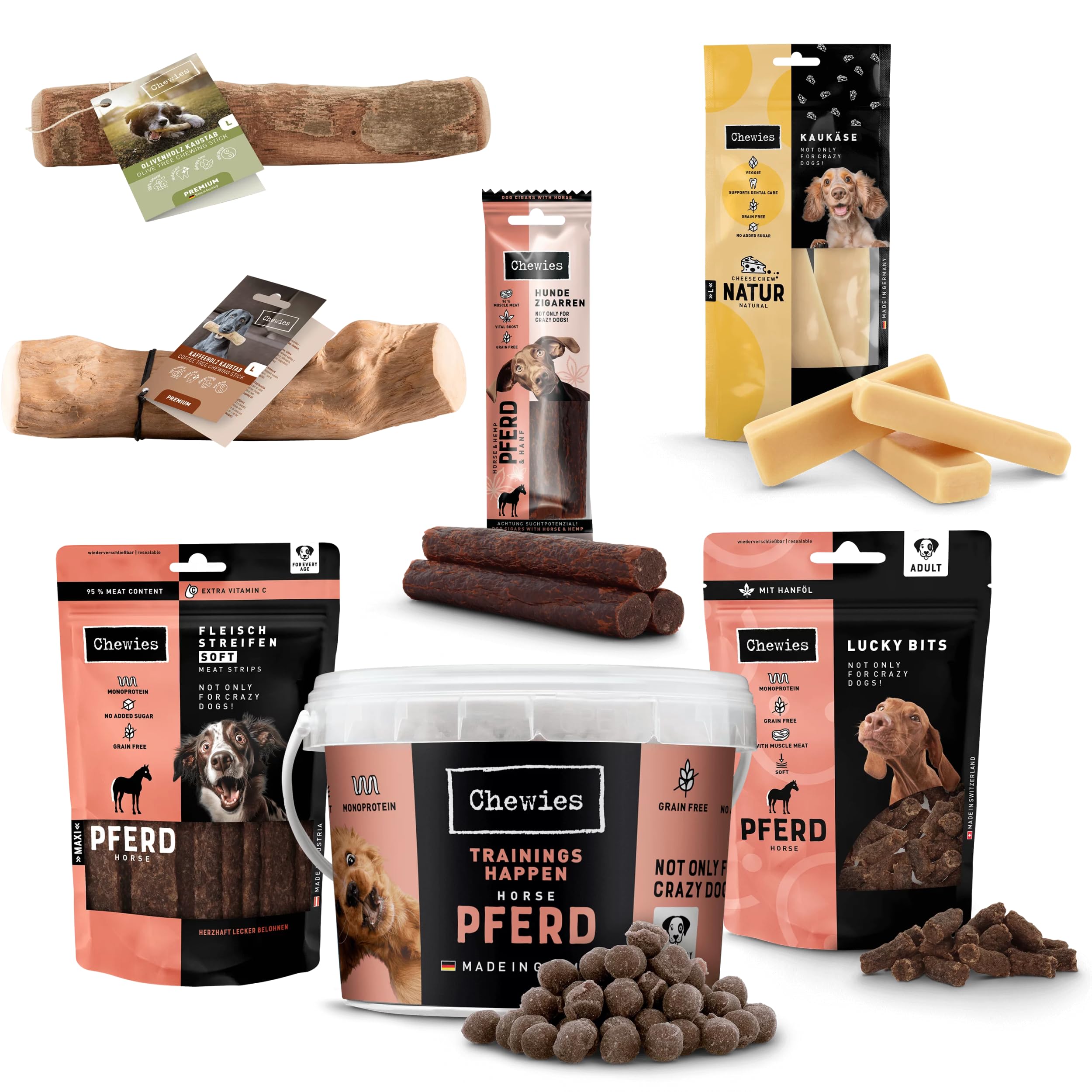 Chewies Kennenlern-Paket Large - Olivenholz & Kaffeeholz für Hunde, Kaukäse, Hunde Leckerlis mit Maxi Fleischstreifen, Lucky Bits, Hundezigarre & Trainings-Happen Pferd (für größere Hunderassen)