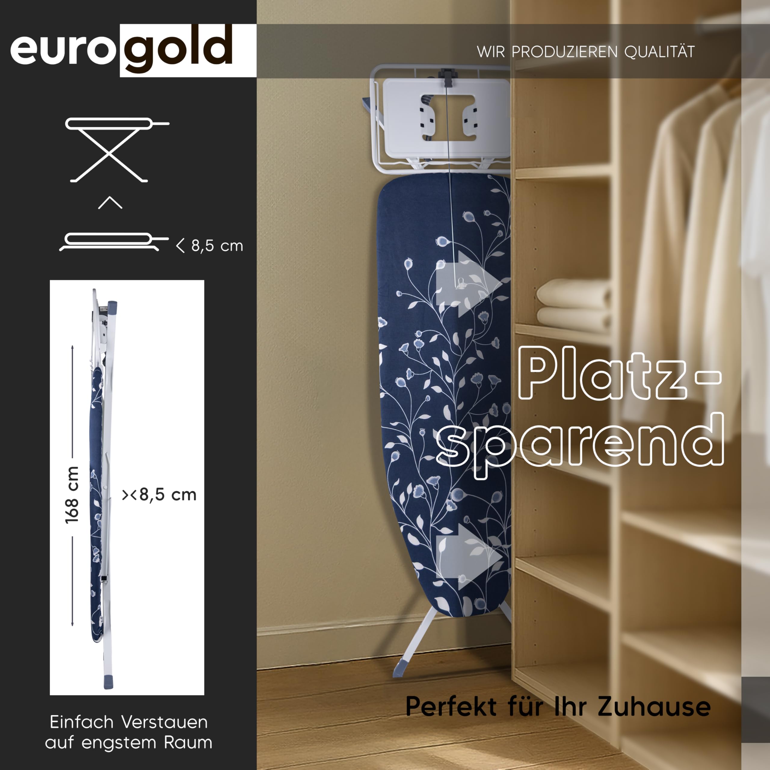 EUROGOLD Bügelbrett für Dampfbügelstation 120x42 cm – XL Bügelbrett breit & stabil, höhenverstellbar, Bügelbrett mit Steckdose, klappbar, Baumwollbezug Oeko-TEX, Bügelstation mit Ablage (Melody)