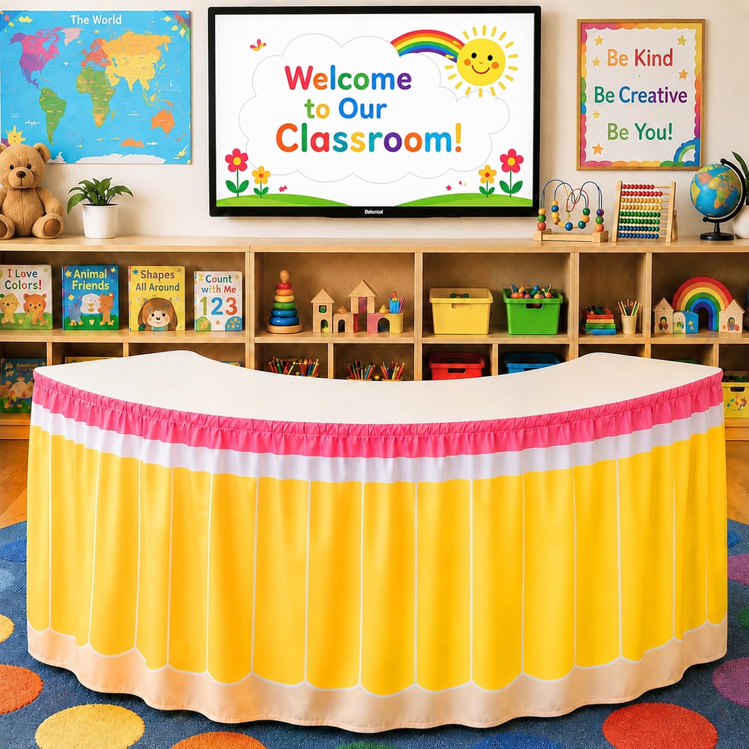 Pencil Table Skirt Cloths 9 ft×23.6 in Stationery Teacher Desk Skirts for Classroom Decoration Yellow Rectangle Tablecover Skirt for Back to School Home Office Bookcase Cabinet Teacher Table Supplies
