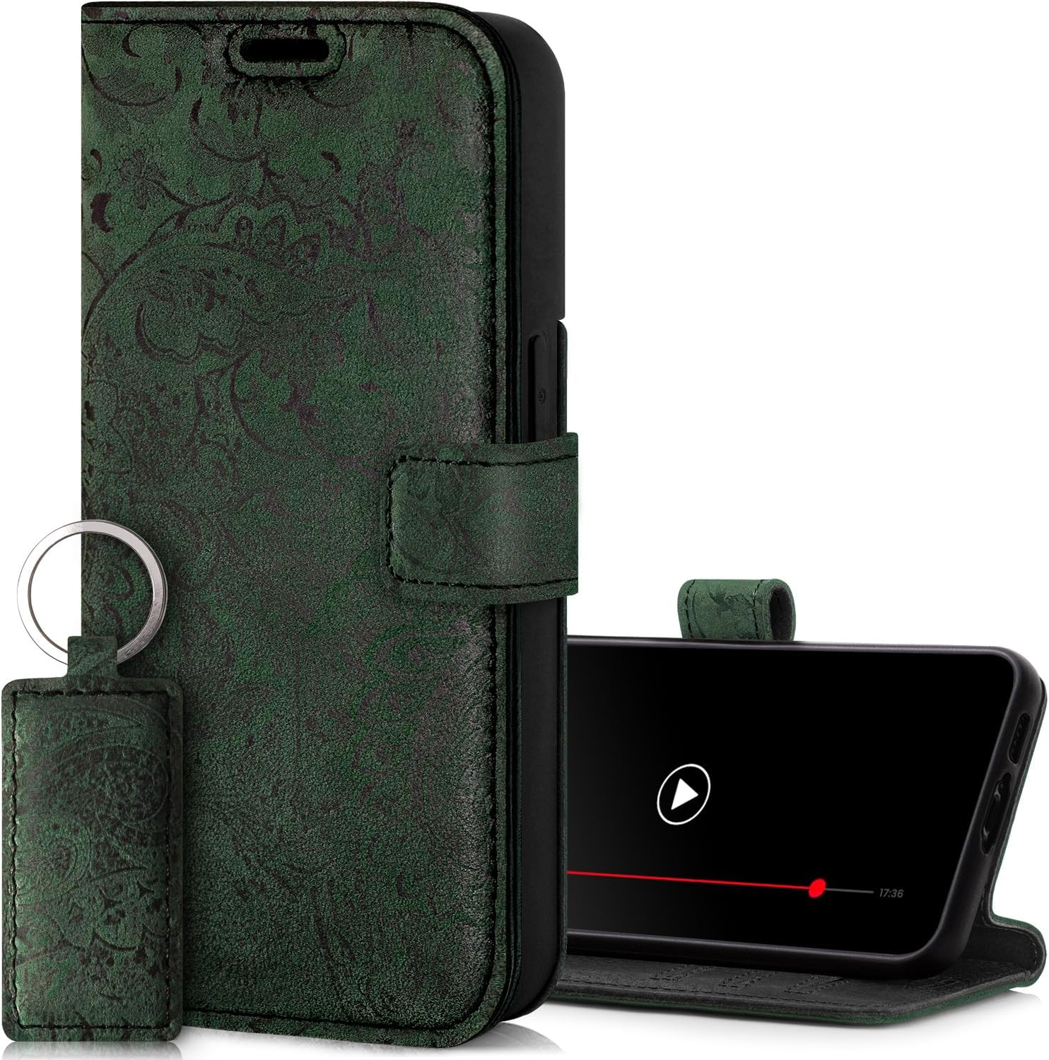 SURAZO Mobile Phone Case for Apple iPhone 15 Pro Leather - Foldable Genuine Leather Protective Case [Magnet, Card Slot, RFID Protection] Flip Flip Wallet Case Cover Leather Case (Floral Pattern Green)
