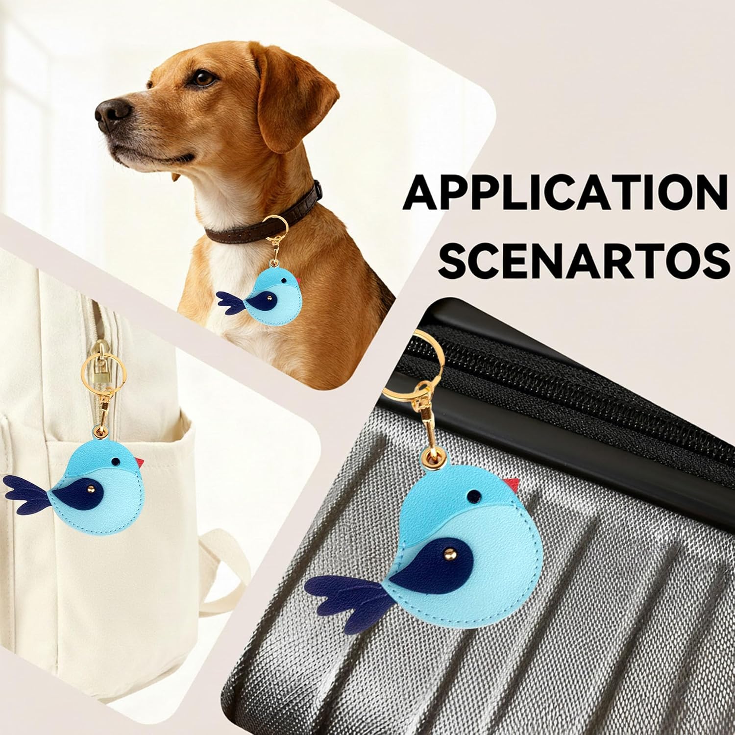 2 Pack Leather Keychain Holder Case for AirTag, Cute Hidden Air Tag Cover with Keychain Ring, GPS Tracker Case for Keys, Bag, Pets (Blue & Pink bird)