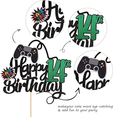 Vista 3 de 1 pieza de decoración de pastel de feliz cumpleaños 14 con purpurina para videojuegos, juego de selección de pasteles en controladores, catorce