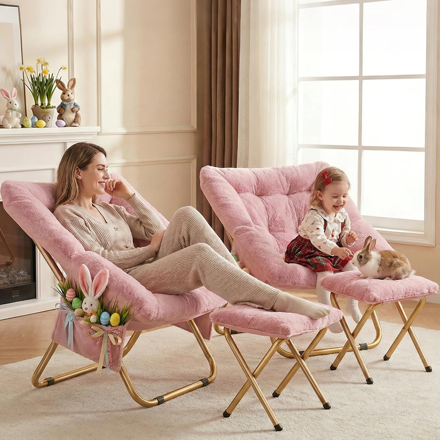 Comfy Saucer Chair, Foldable Living Room Chairs, Soft Faux Fur Lounge Chair for Bedroom, Reading Chairs for Adults, Teens, X-Large (Pink)