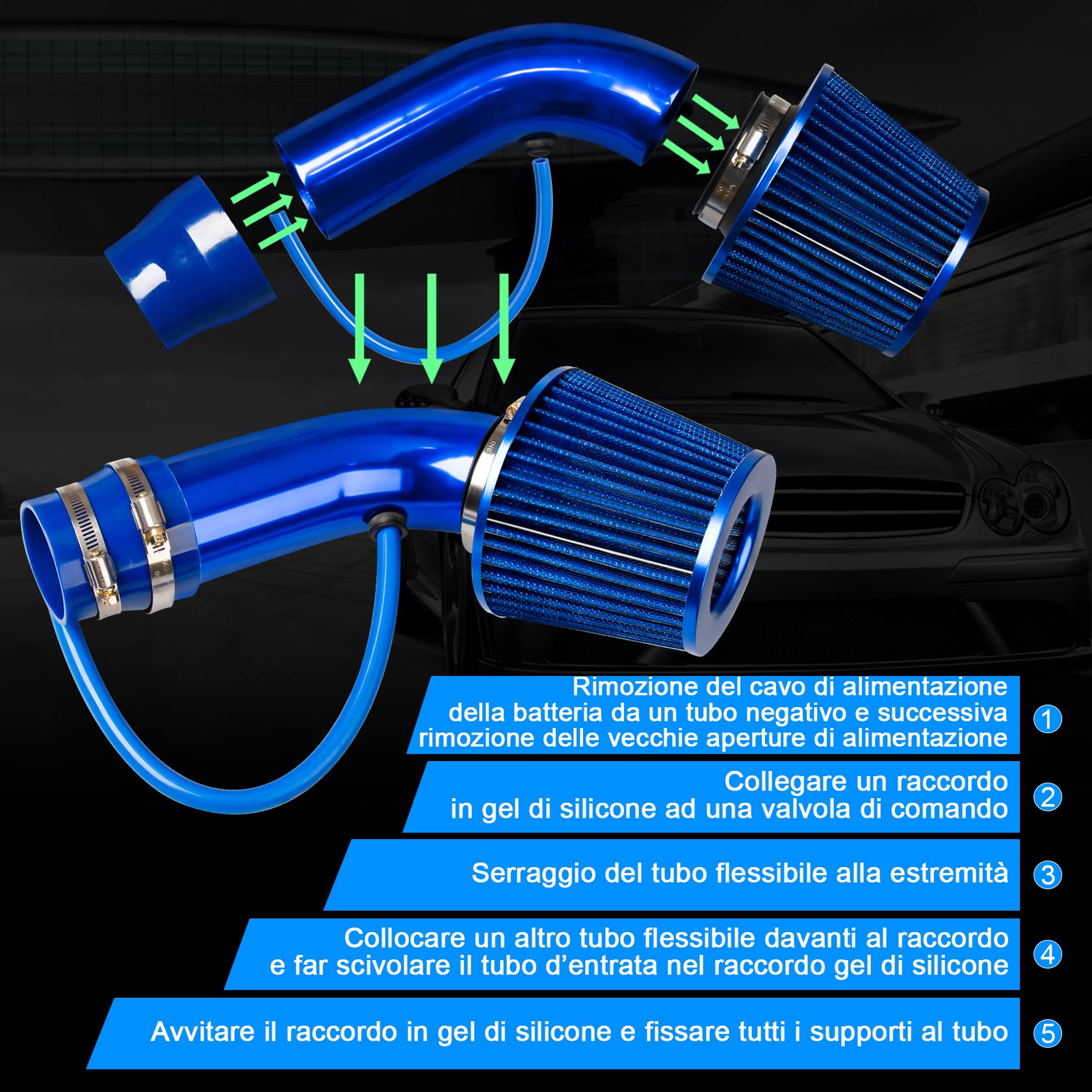 CarBole Kit Filtro aria sportivo universale Raffreddamento, Sistema ingresso aria per auto universale in fibra di carbonio con tubo blu