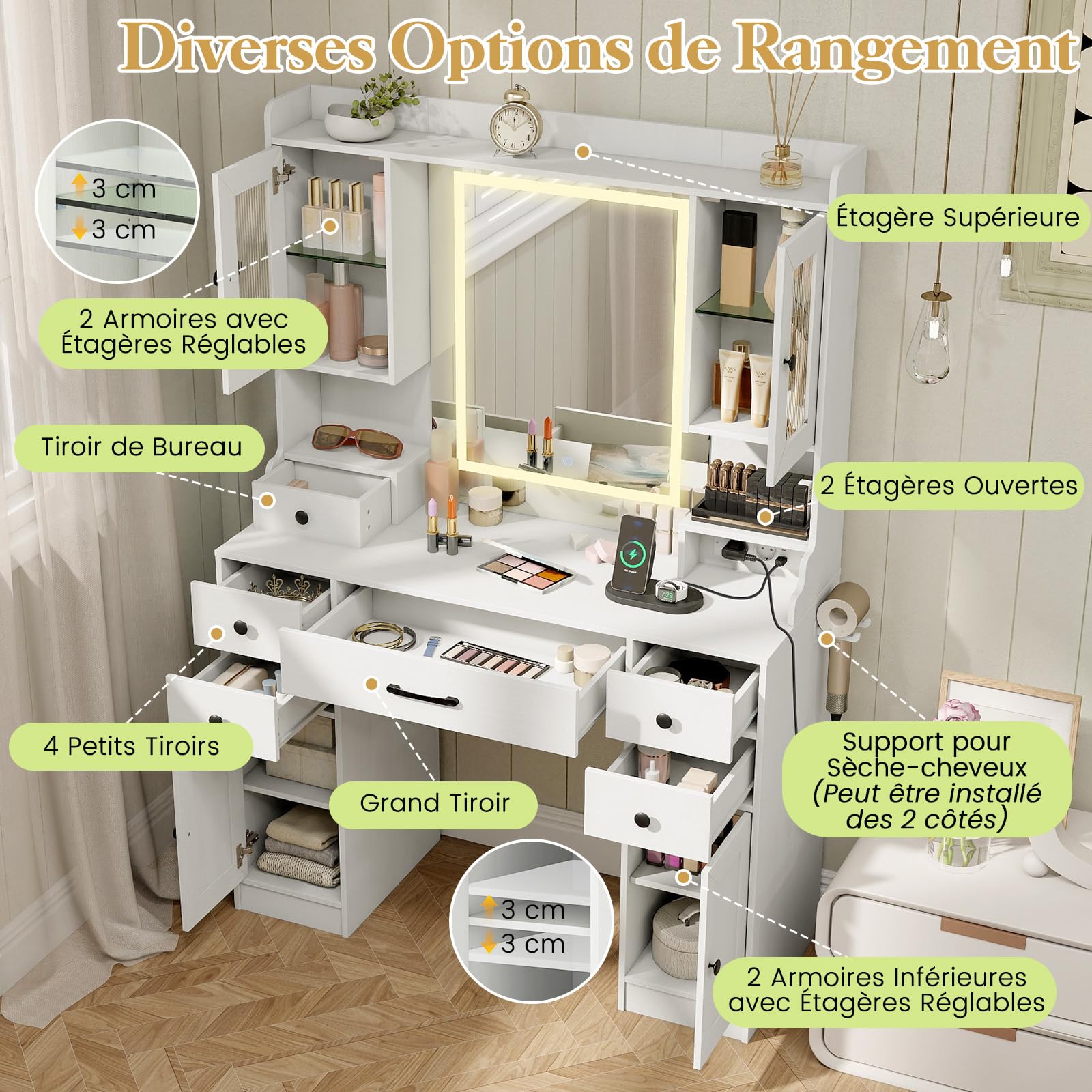 COSTWAY Coiffeuse avec Miroir, Lumières et Luminosité Réglable, Station de Charge, Bureau Coiffeuse, Support pour Sèche-Cheveux, 6 Tiroirs, 4 Armoires, Étagères, Table de Maquillage, 105 x 40 x 150 cm
