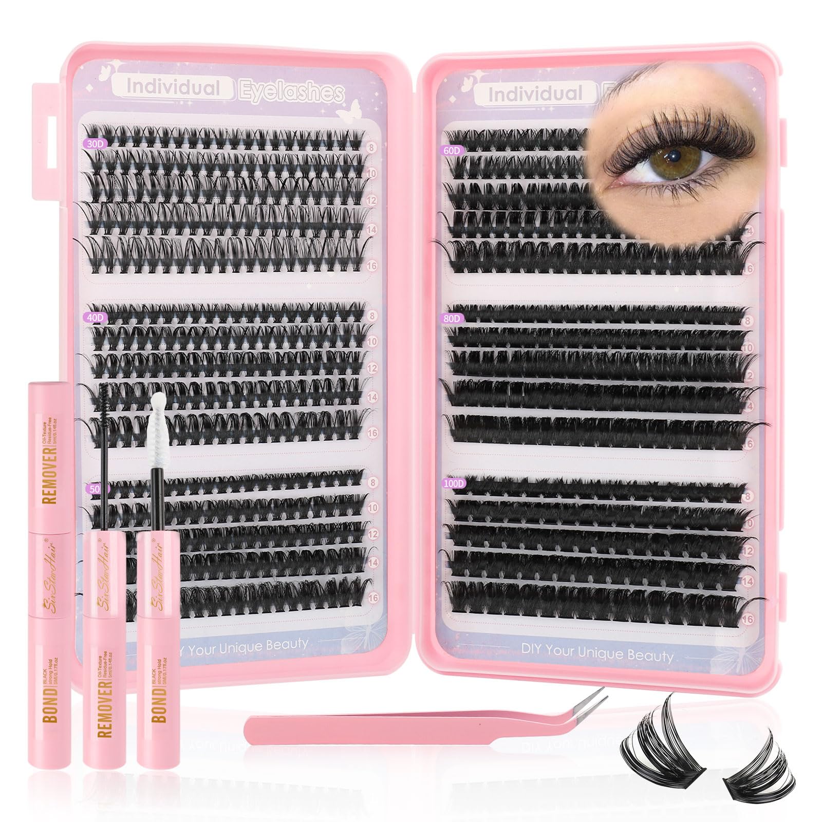 Sixstarhair Lashes Extension Set 580Pcs DIY Wimpern Extensions Set mit Lash Bond und Seal, Lash Tweezers 10-16mm 30D 40D 50D 60D 80D 100D Cluster Wimpern Kit