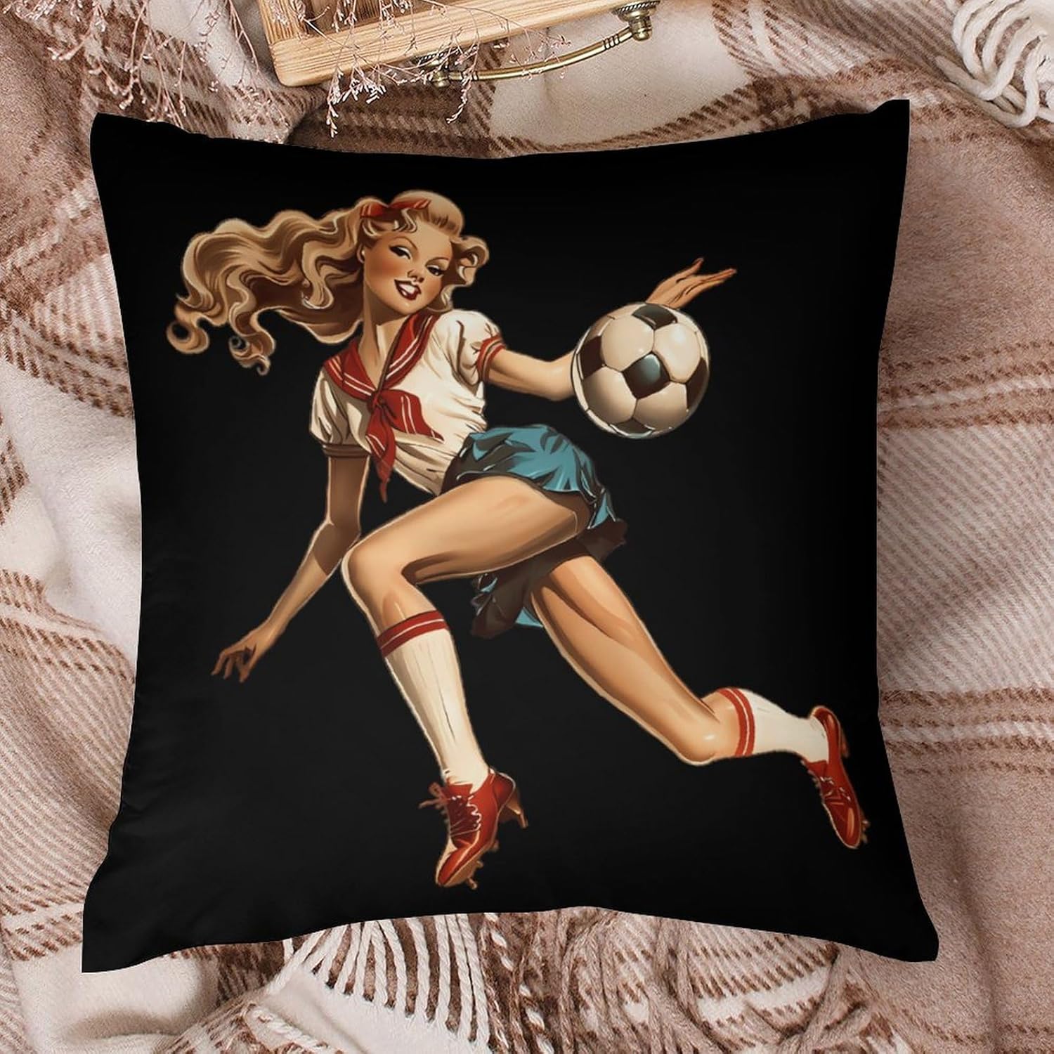 Vintage Pinupgirl Playing Soccer Printed Throw Pillow Case 4 Pcs Soft Pillowcases Pillows Covers Sofa Bed Decor 12/14/16/17/18/20/22/24/32 Inches