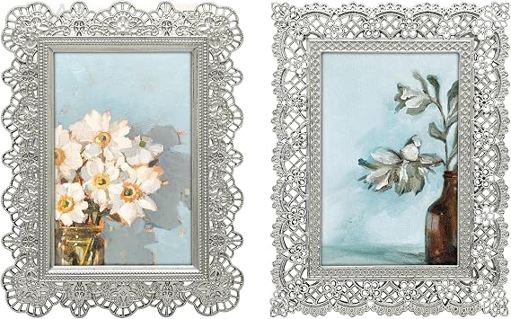 Lace Mini Frame Set/Set of 2 / 2x3 In | For Tabletop Display | Perfect for Home Decor, Wedding, Graduation, Or Milestone Photos Silver Gift Box