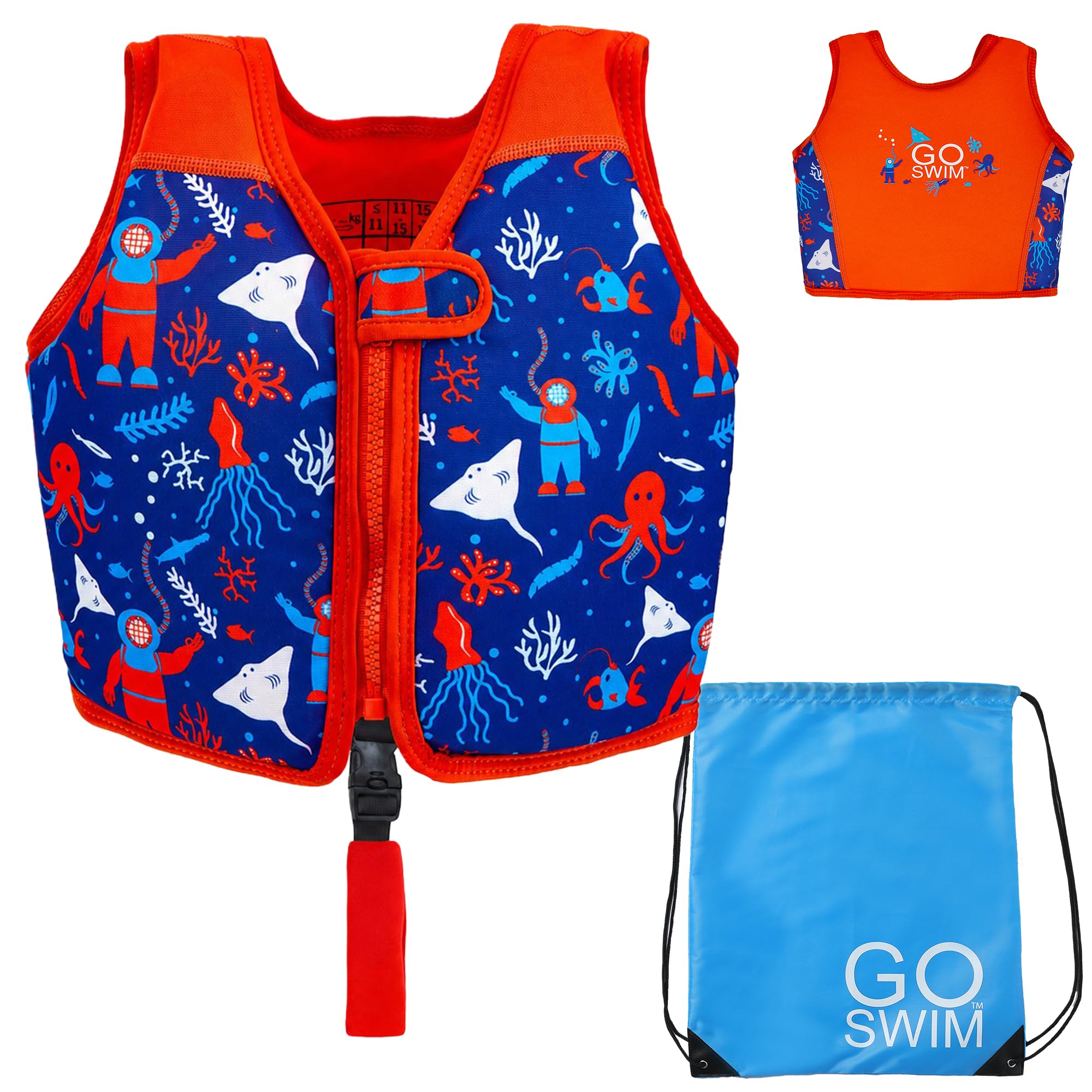 Go Swim Float Vest – Baby, Toddler & Kids Swim Vest for 1-6 Years- Fixed Buoyancy & Safety Strap. *Includes Free Swim bag* (Deep Sea Divers, 1-3 Years/11-19kgs)