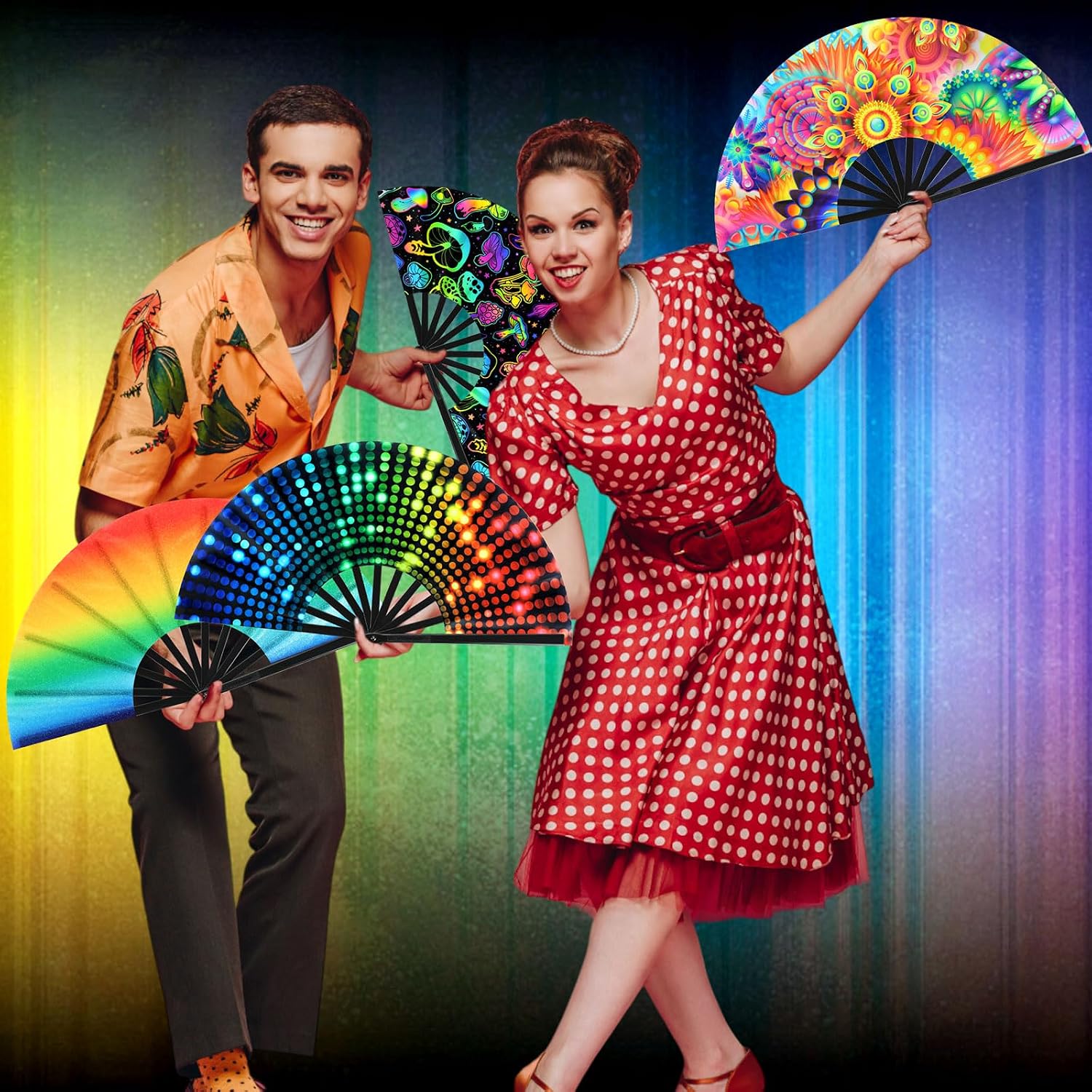 Blulu 4 Pcs 13 Inch Large Folding Hand Fans Bulk Giant Clapping Popping Rave Fans Foldable for Line Dancing Festival Party Decoration(Classic Color,Classic Style)