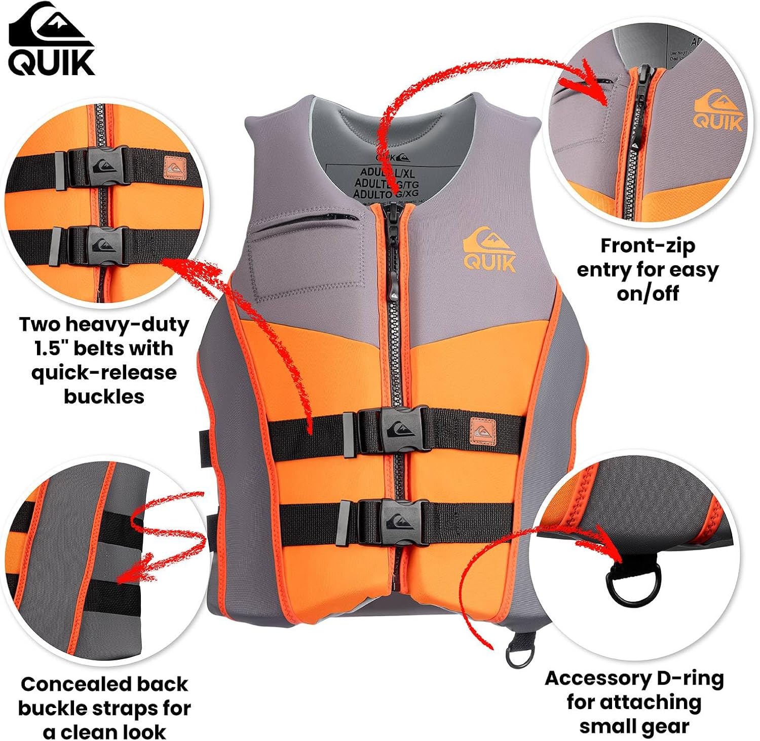 QUIKSILVER Men's Life Jacket, USCG and Transport Canada Approved Type III PFD, Evoprene Life Vest for Waterskiing Rafting Boating Paddling Watersports - Dual Size