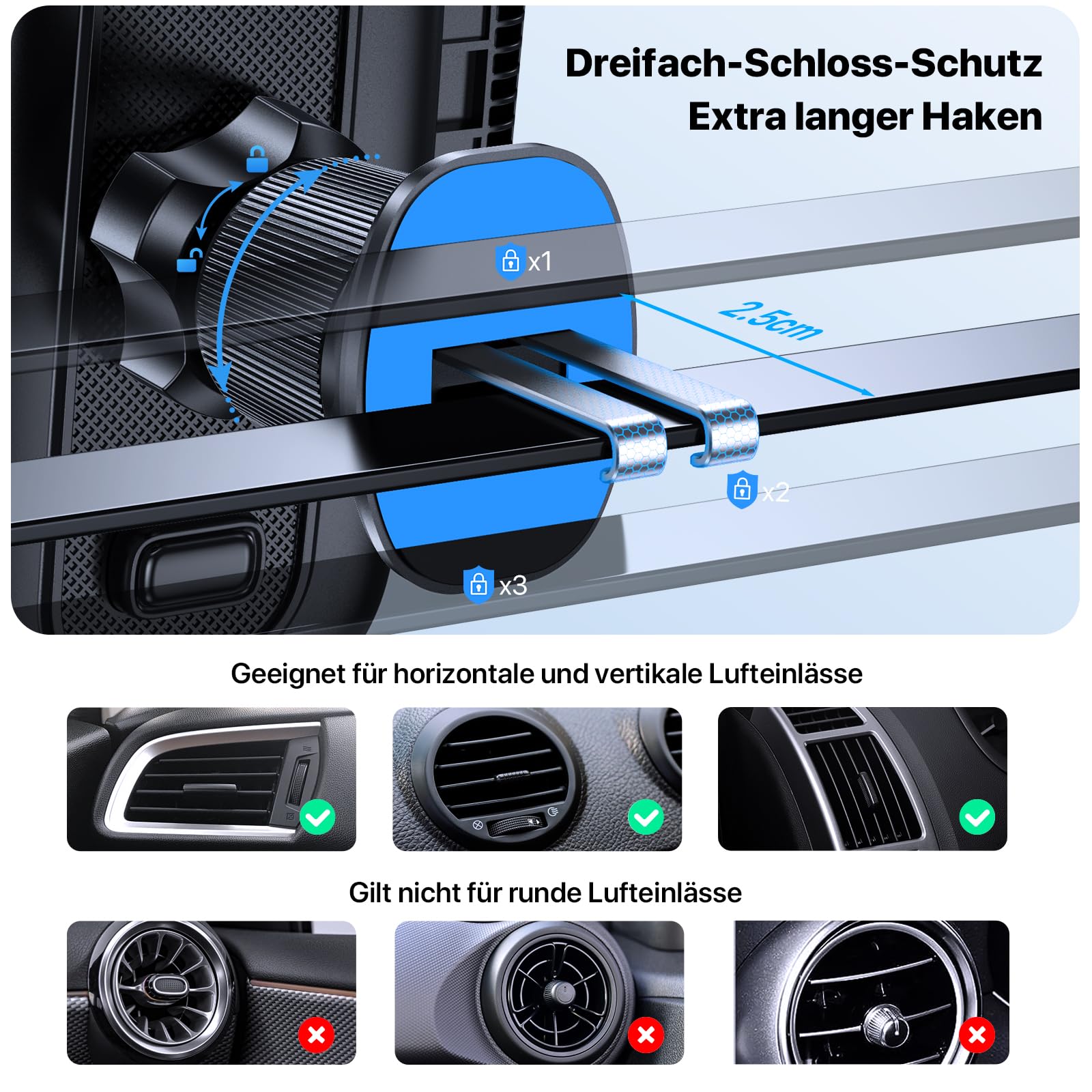 Miracase Handyhalterung Auto【2026 Upgrade Version mit Doppelhaken】 360° Drehbare rutschfeste Handyhalterung Auto Lüftung, Hochstabile Smartphone Auto Halterung für iPhone Samsung Huawei usw