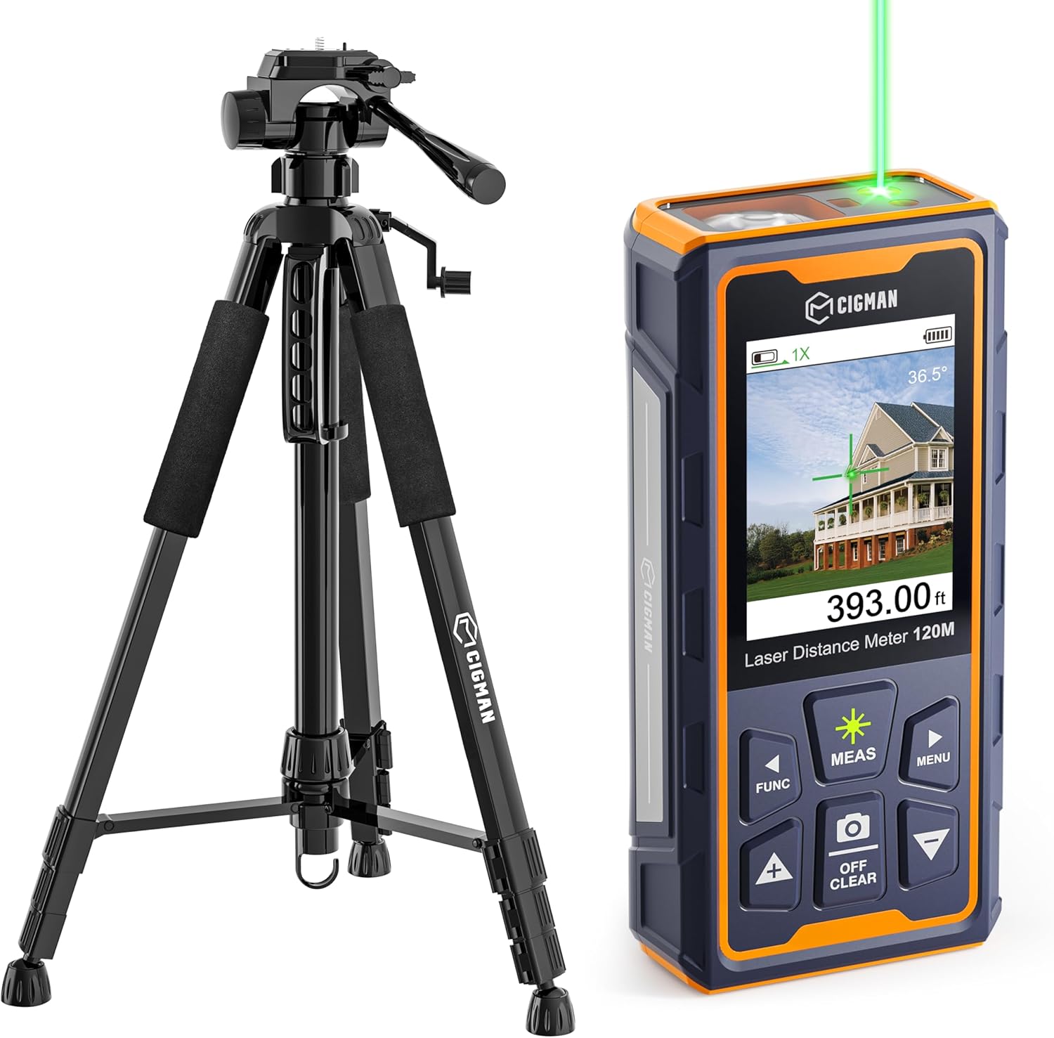 CIGMAN 393ft Green-Beam Laser Measuring Tool and 59-inch Lightweight Adjustable Tripod