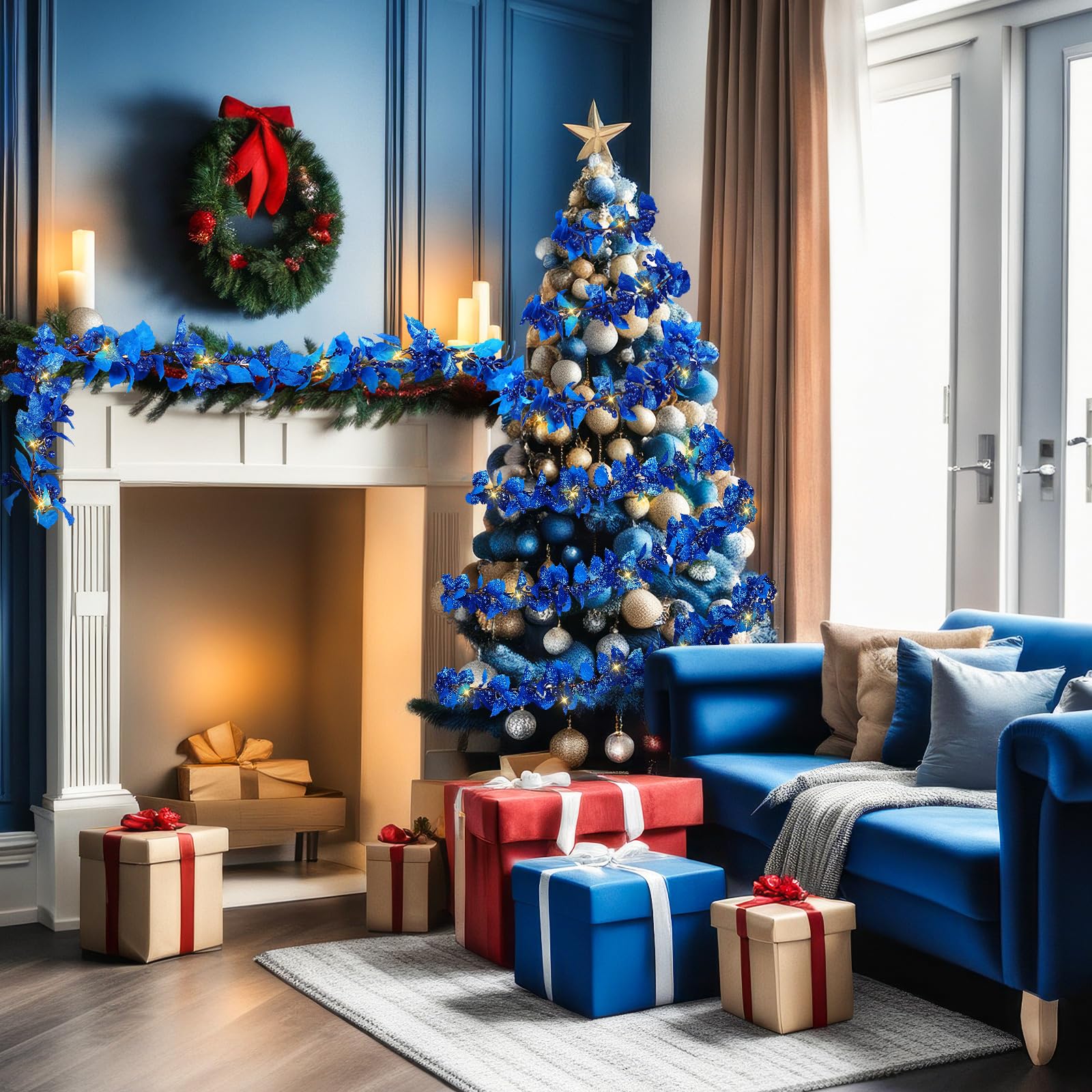 Syhood Guirlande de baies de Noël de 1,8 m - Guirlande lumineuse de feuilles de houx artificielles pour intérieur - Décoration d'automne et de Noël - Guirlande lumineuse pour cheminée, cheminée - Bleu