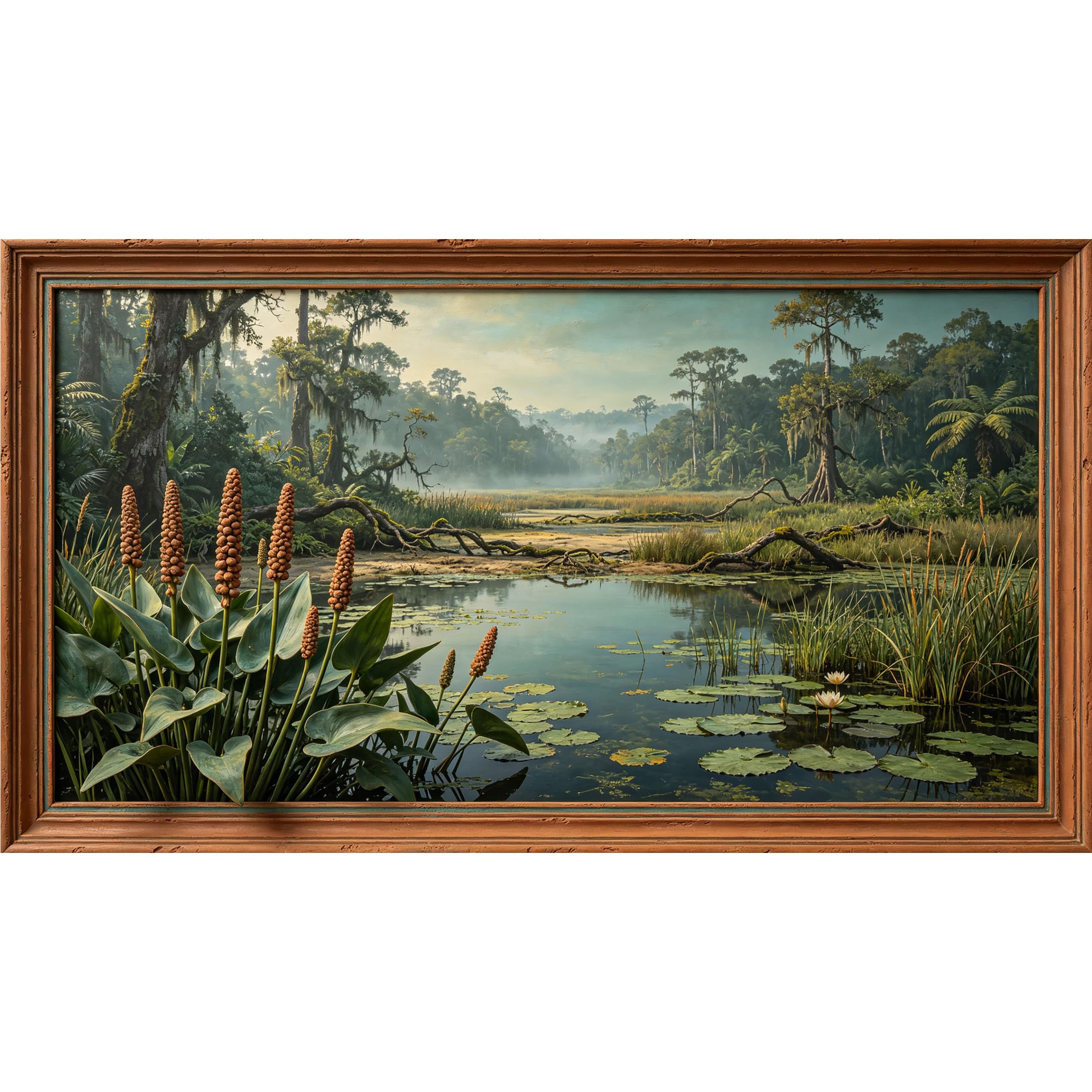 QZLITHOTIC 50x90cm3D Framed Wall Art， Tropical Jungle Swamp Landscape Water Lily Pond Self‑Adhesive Mural， Water‑Activated Peel & Stick Fabric Decor Wall Decal for Bedroom Living Room