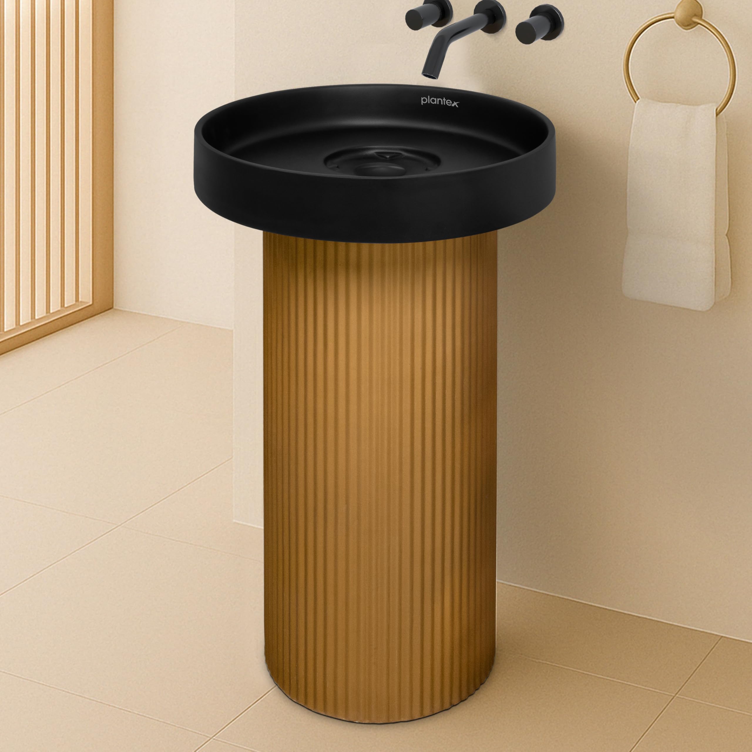 Plantex Acrylic Resin & Quartz Pedestal Basin for Bathroom/One Piece Pedestal Free Standing Round Wash Basin for living Room/Hotel (Black & Gold)