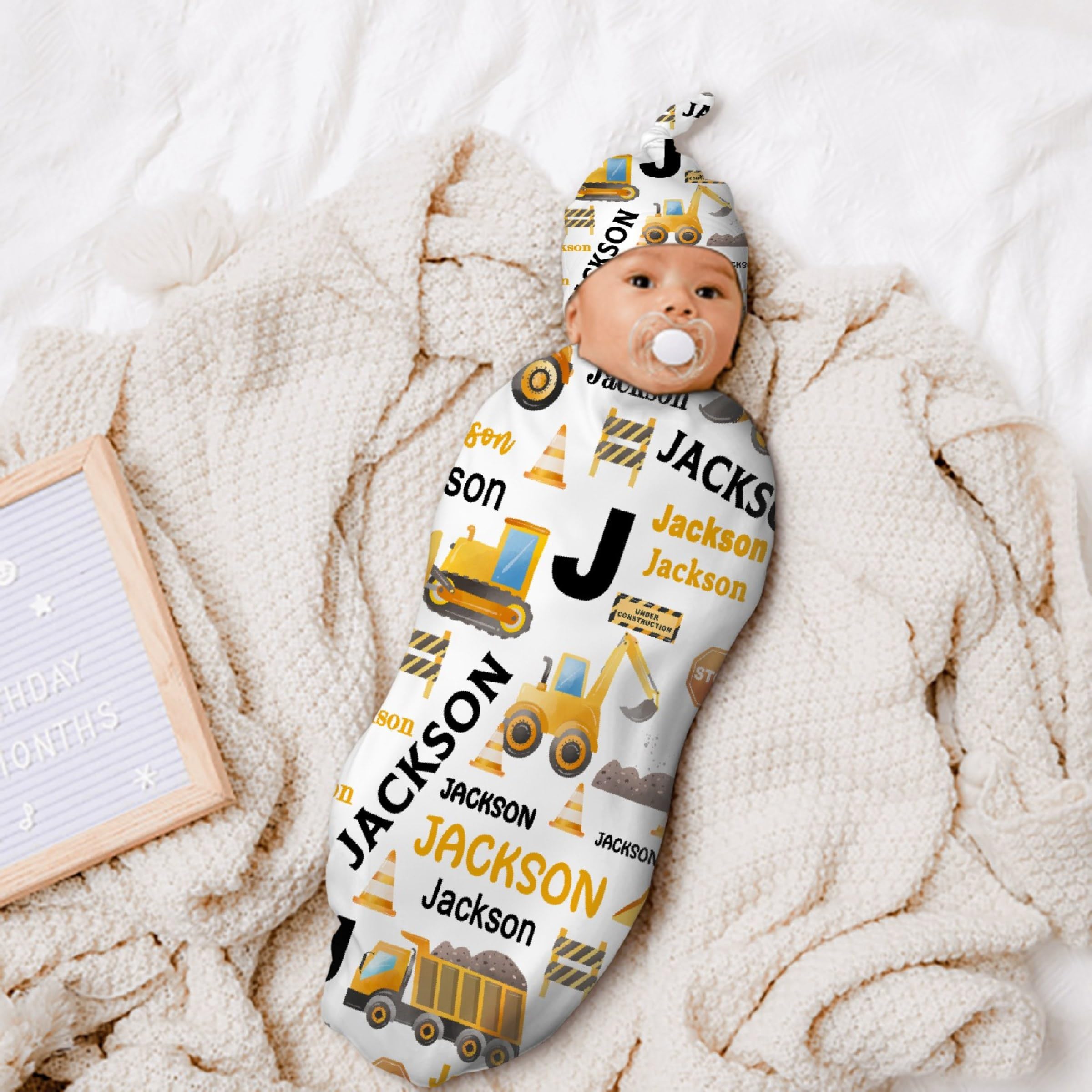 Personalized Baby Swaddle Blanket & Hat Set for Boys Girls, Customized Newborn Gifts, Custom Excavator Truck Receiving Blanket with Name, Ultra Soft Nursery Swaddle Wrap, Swaddling Sleeping Sacks