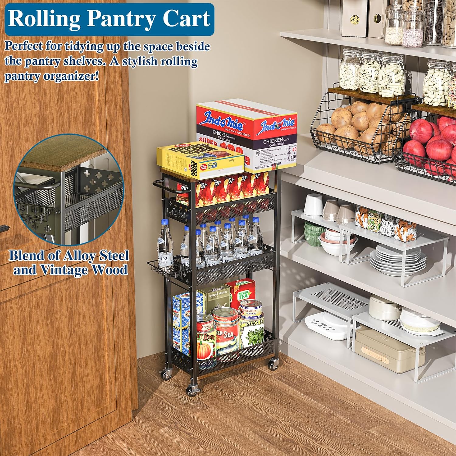 OKZEST Laundry Room Organization Cart with Detergent Dispenser - 4-Tier Slim Rolling Storage for Between Washer & Dryer, Fits Tall Bottles, Rustproof Metal Mesh Shelves, Chic Wood Top & Premium Wheels
