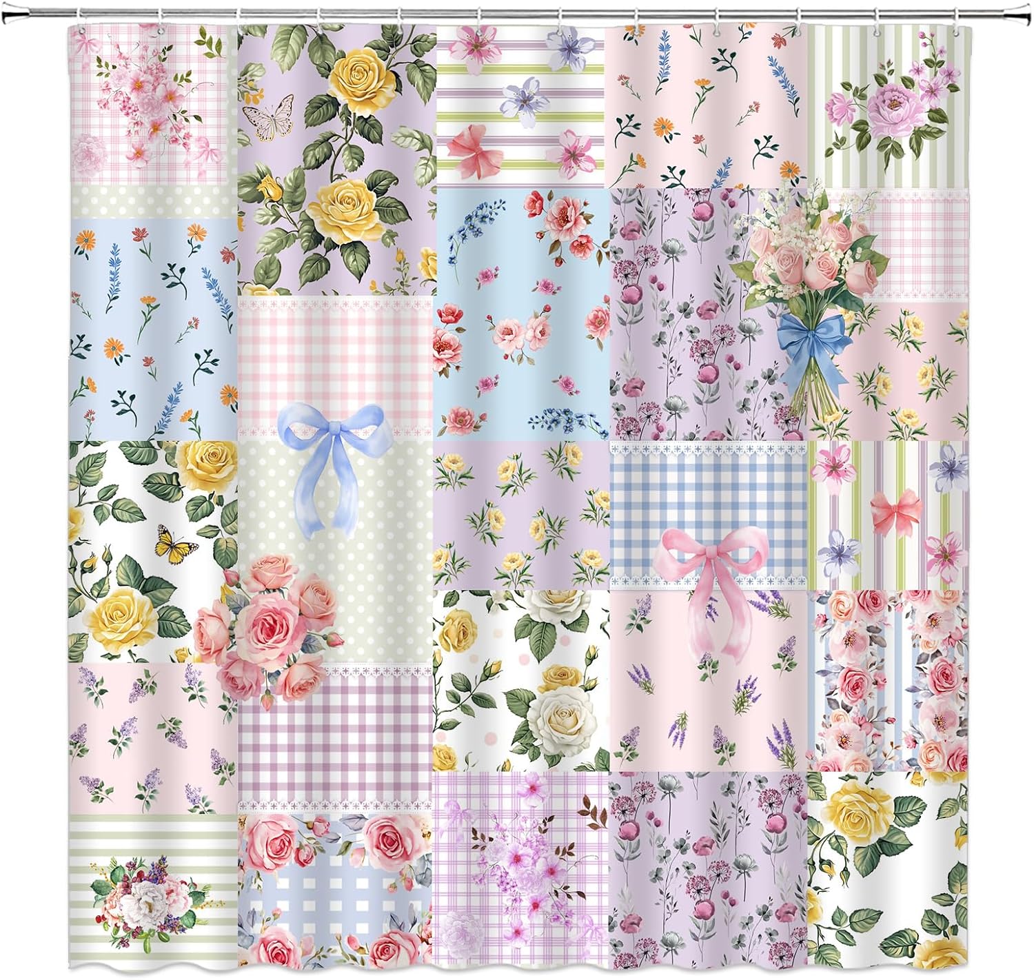 Boho Patchwork Shower Curtain Purple Floral Plaid Colorful Flower with Bow Rustic Polyester Bathroom Decor with Hook,70" Wx70 H image 2