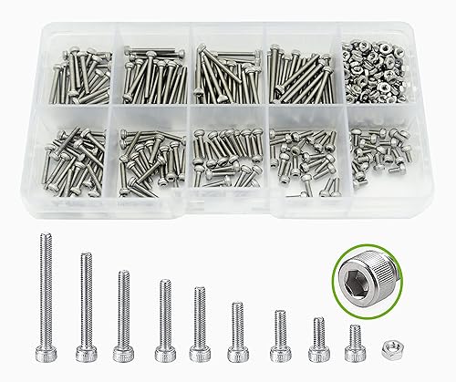 Juego de 360 tornillos métricos M2 de acero inoxidable 304 con cabeza de hueca hexagonal, tuercas M2 x 0.157 in, 0.236 in, 0.315 in, 0.394 in, 0.472