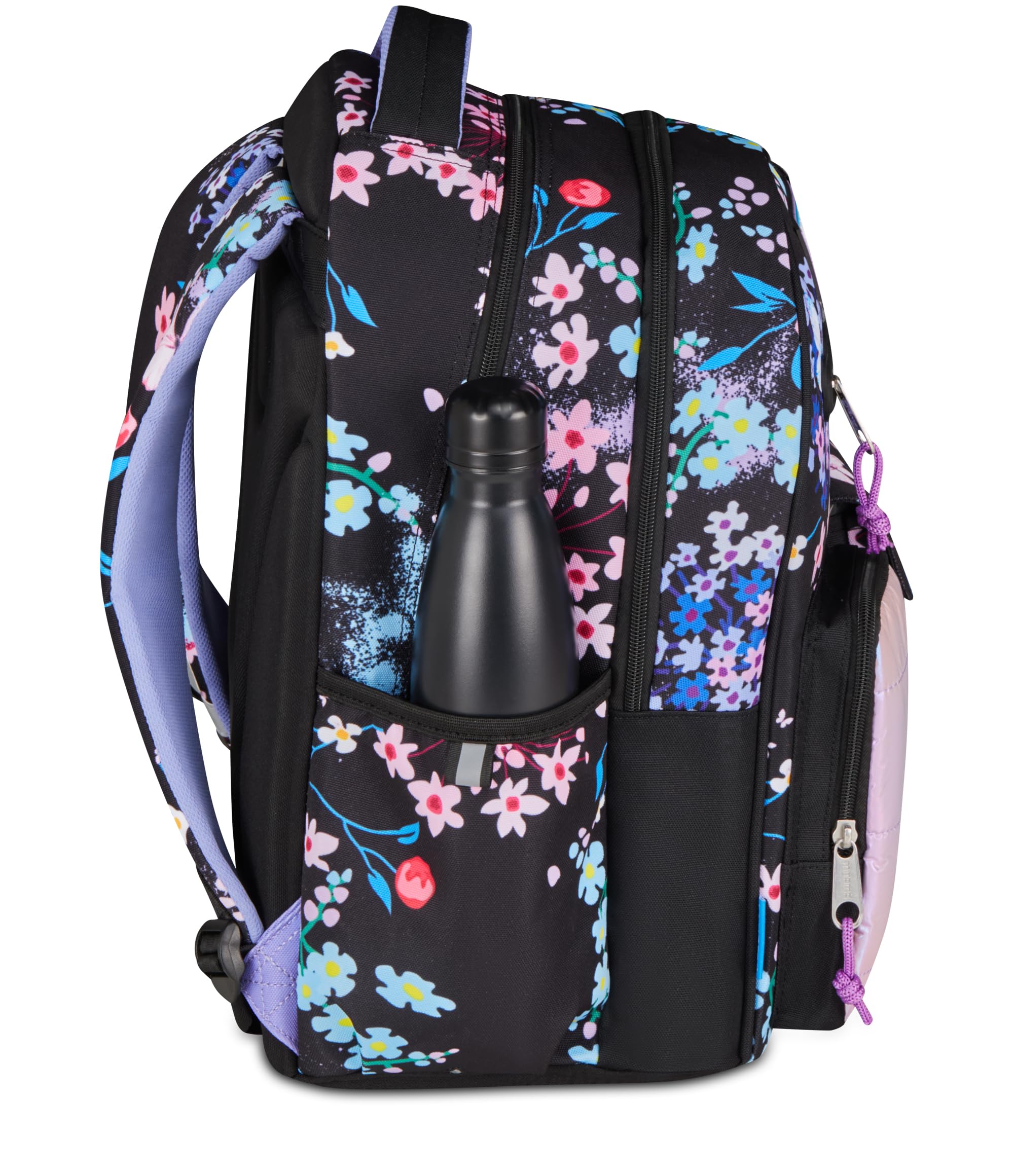 Mitama Zaino Scuola Elementare M-Power TrendyFlowers, Triplo Scomparto, Ragazzi e Ragazze, Tasca Porta Borraccia, Schienale Imbottito, viola