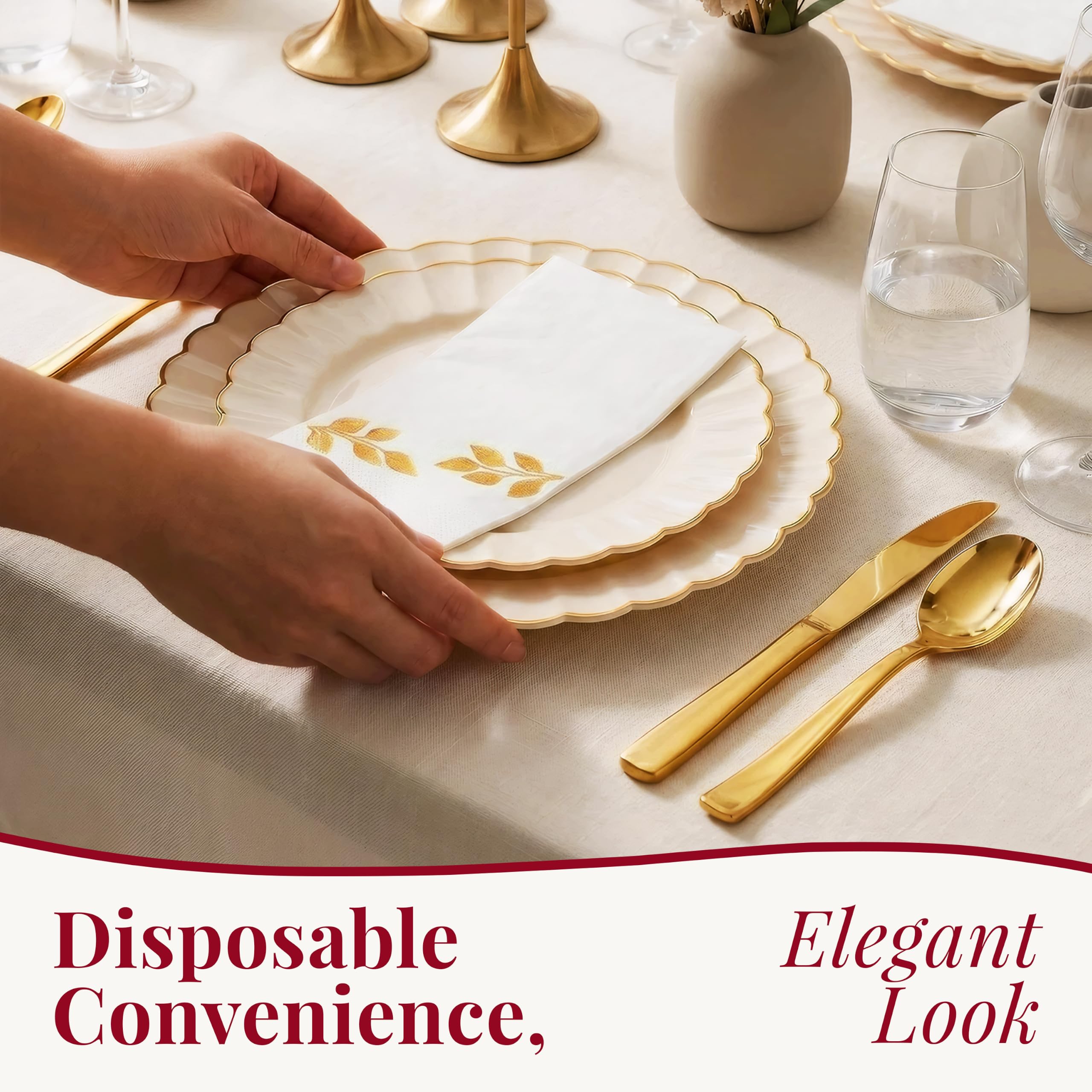 Gold Scalloped Disposable Dinnerware Set - 175 Pcs -2 Gold Scalloped Disposable Dinnerware Set - 175 Pcs -2