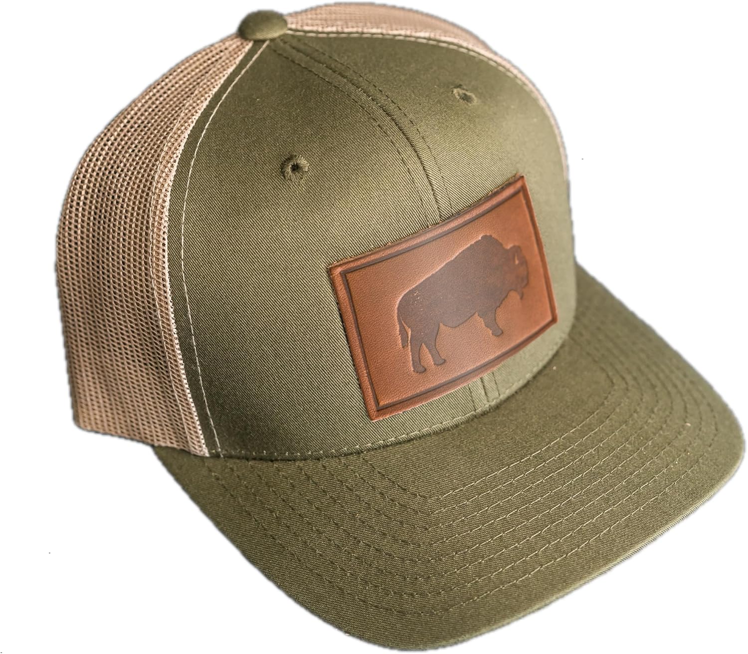 Ox & Pine Bison Stamp Leather Patch Trucker Hat Adjustable Snapback, Structured Mid-Profile Design