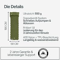 TRINORDIC Ultrakönnyű Kempingmatrac Beépített Párnával - Felfújható Túramatrac Erdőzöld Színben, 190x58cm, 550g, 120kg Teherbírás 8