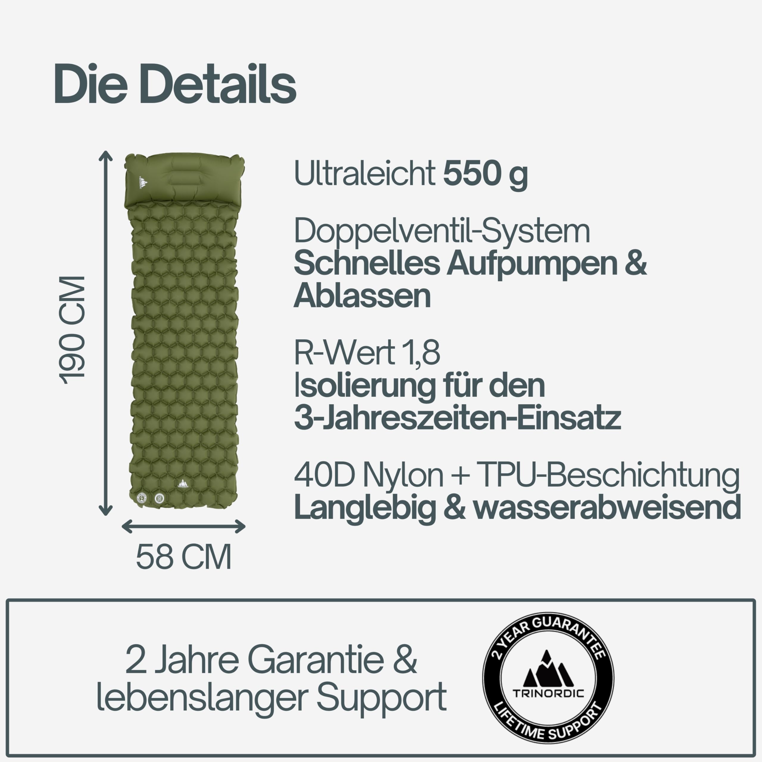 TRINORDIC 550g Ultraleichte Aufblasbare Isomatte - Mit Aufblasbarem Kissen - Camping Matratze mit Kleines Packmaß für Outdoor, Camping, Wandern & Bikepacking