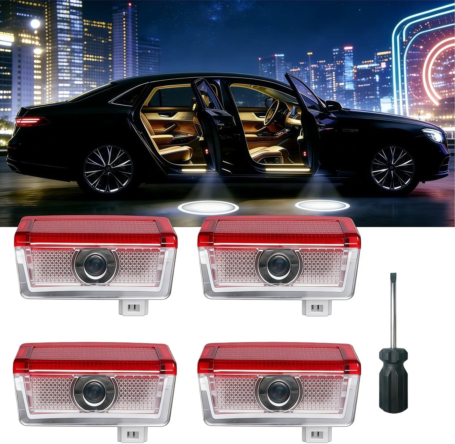4 Pcs Never Fade 4K-HD Car Welcome Lights Compatible with A/B/C/E/M/GL/GLA//GLC/GLE Class Accessories，Puddle Lights, Door Lights Logo Projector