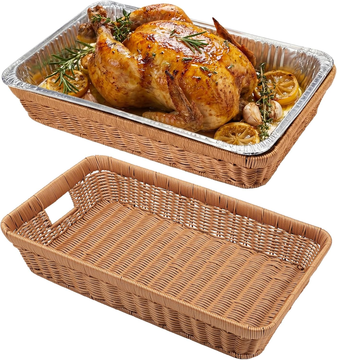 Sawysine 2 Pcs Large Wicker Pan Holder for 21x13 Disposable Aluminum Foil Pan Holder Full Size Plastic Wicker Serving Baskets Hot Dish Carrier Decorative Container Trays for Food Foil Pans Bakeware