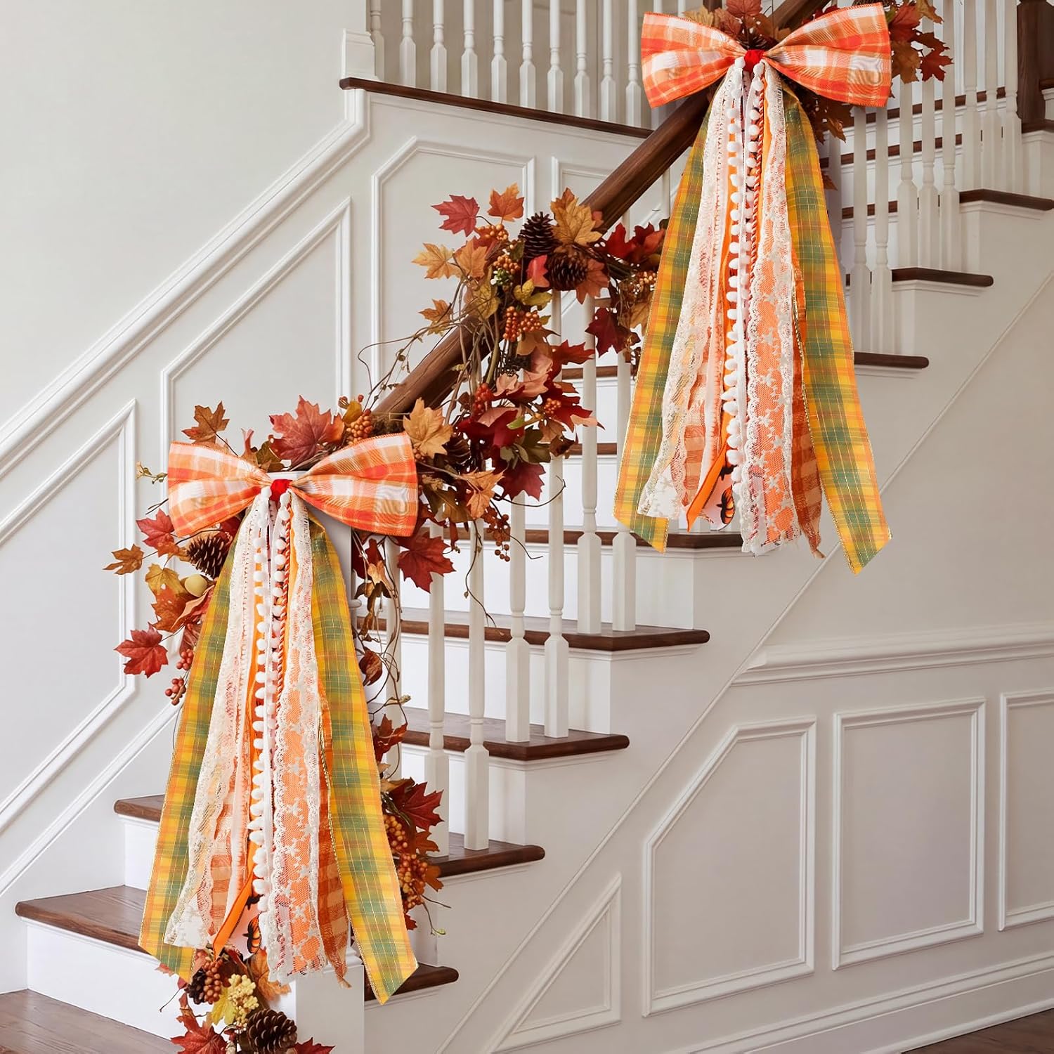 Fall Decor - Large Autumn Harvest Wreath Bow for Front Door 27x13 Inch | Cozy Fall Decorations for Home, Pre-Shaped Plaid Wreath Sash, Farmhouse Porch Mantel Decor, Thanksgiving Decorations