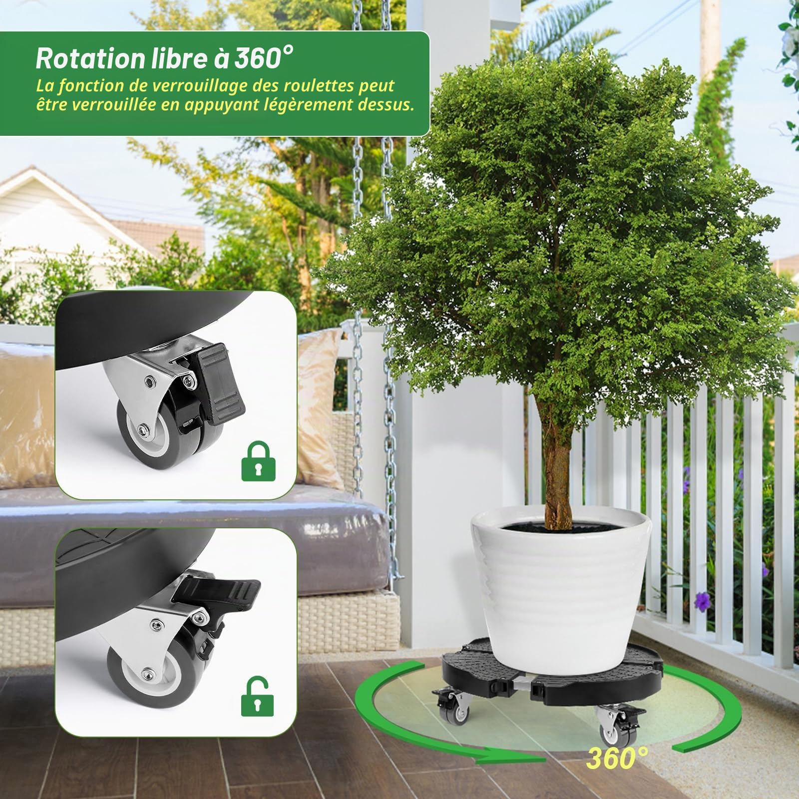 Porte Plante a roulettes, Réglable Ø 35-48cm, Capacité De 150 KG Supports de Pots de Fleurs à roulettes pour Support de Pot de Fleur