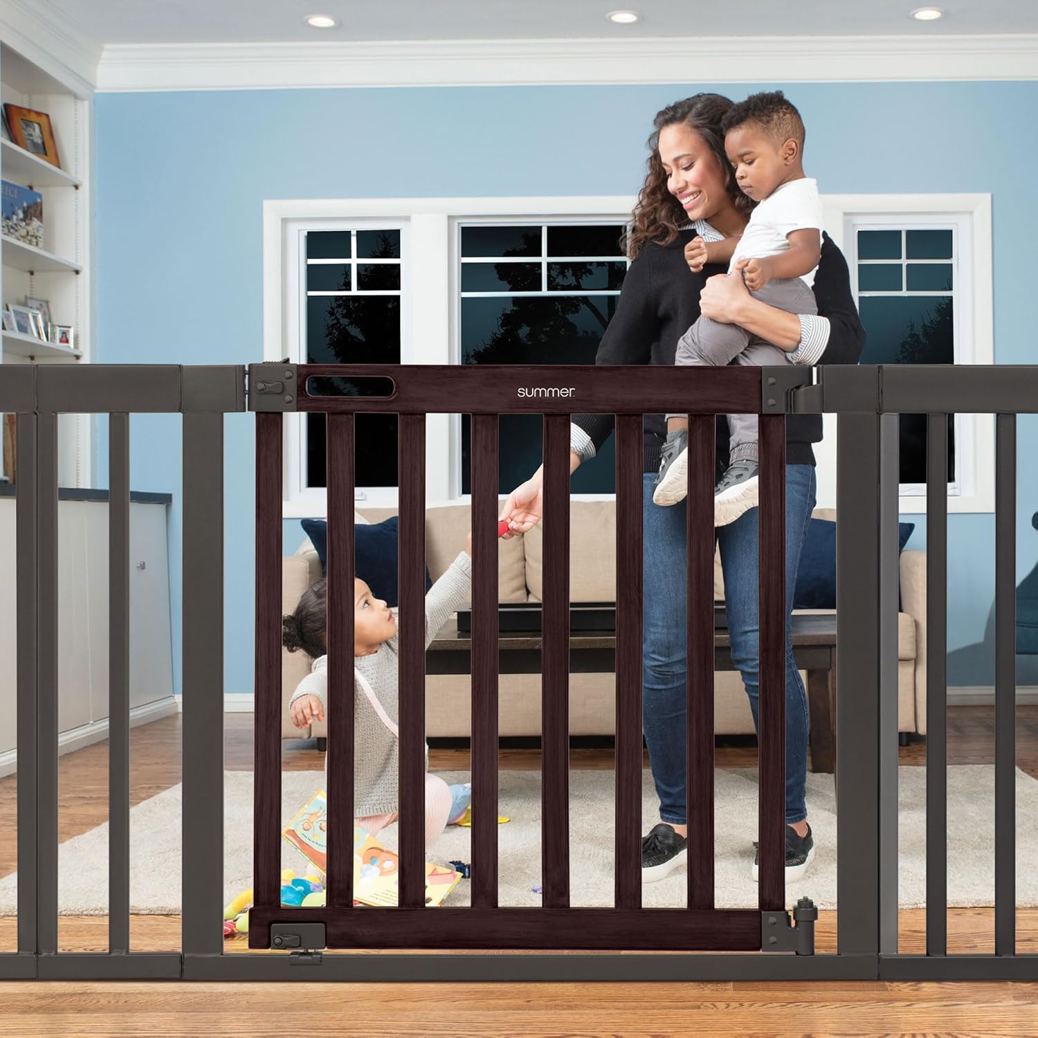 Summer Infant West End Safety Baby Gate, Dark Walnut Stained Wood with Charcoal Metal Frame – 30” Tall, Fits Openings up to 36” to 60” Wide, Baby and Pet Gate for Wide Spaces and Open Floor Plans
