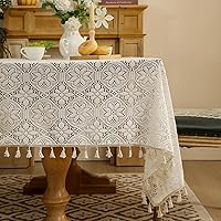 LOHUT 86 Inch Rectangle Farmhouse Tablecloth - Cotton Linen Look with Crochet Lace Tassels, Vintage Textured Cover for Dining Kitchen Weddings