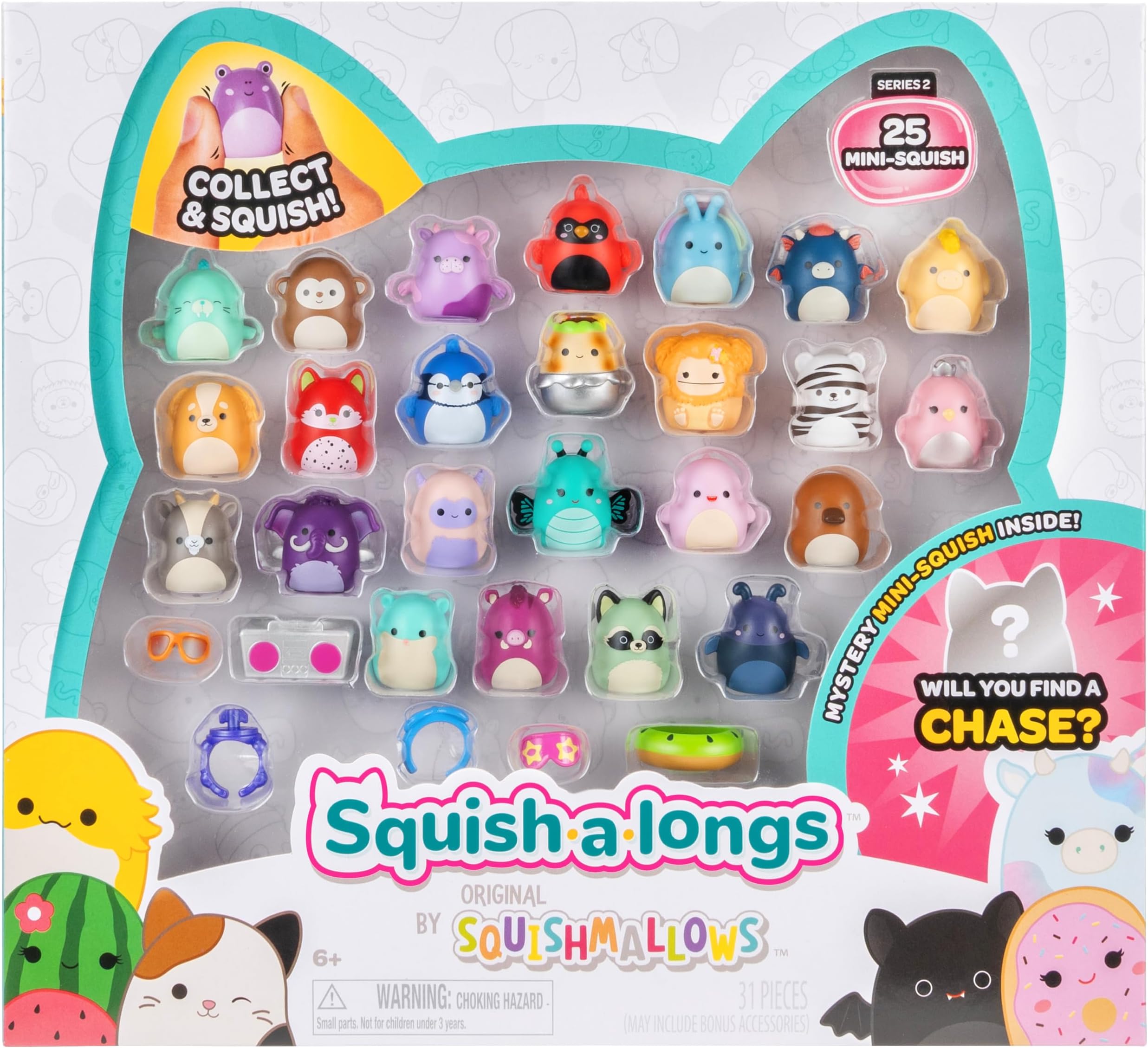 25 Pack - Series 2 - (25) 1” Mini-Squish, 5 Accessories, 1 Ring, & 1 Collector’s Guide - 2 Chase Figures - Collect, Trade, & Play
