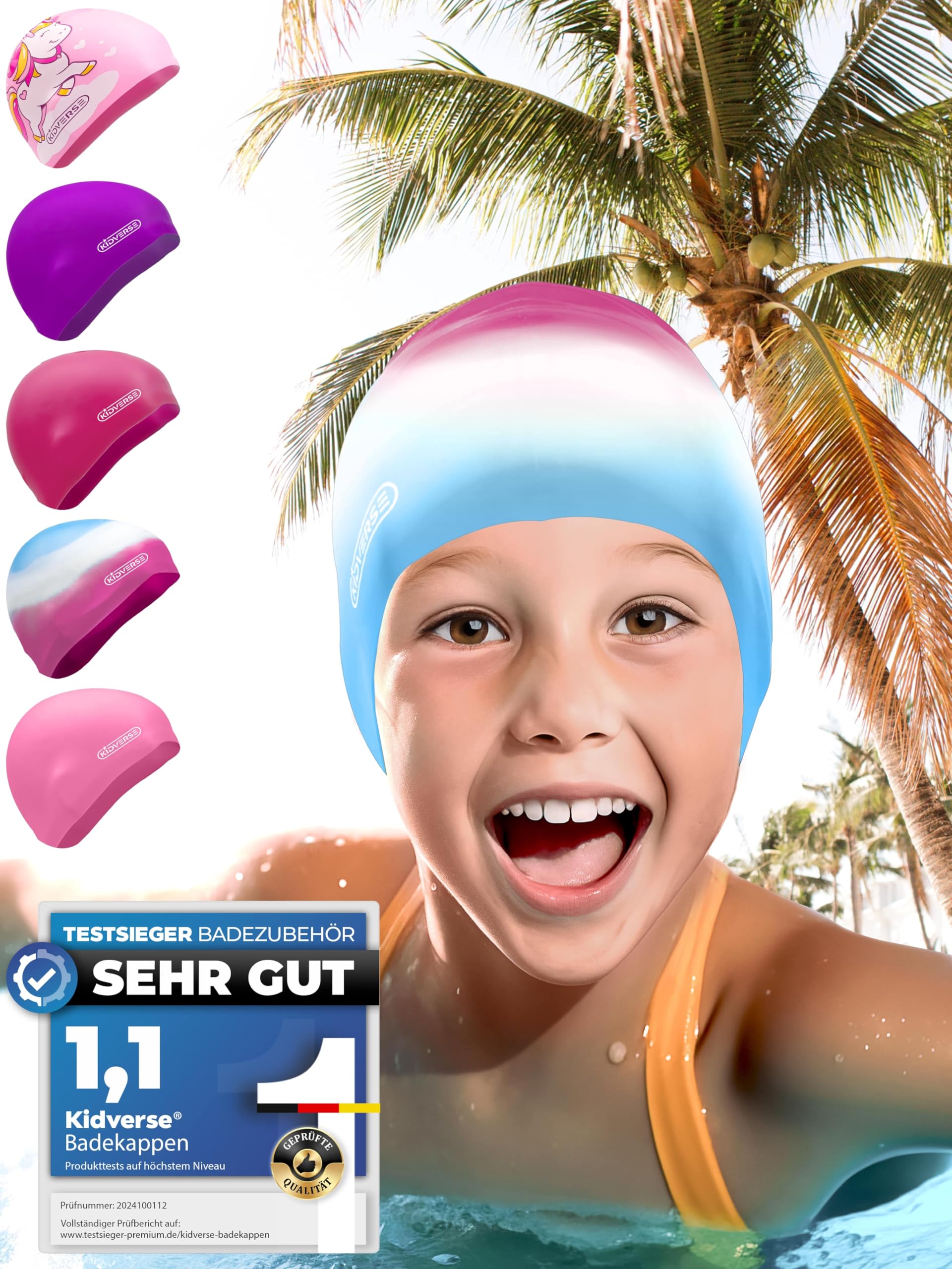 KIDVERSE Waterproof Kids Swimming Cap for Girls Swim Hat with Anti-Slip Grips - Comfortable Silicone Swim Cap Girls - Childrens Swimming Hat Kids with UV Protection