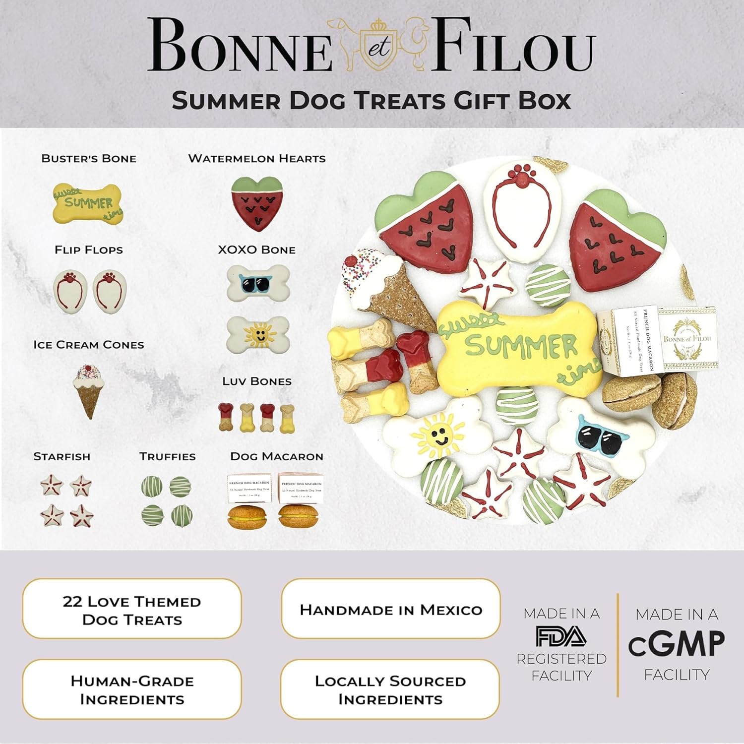 Bonne et Filou Dog Summer Treats Human Grade Gourmet Treats Gift Box 21 Luxury Snacks with Dog Macarons, Truffles & Bone Cookies Healthy Snacks for Small to Large Breeds