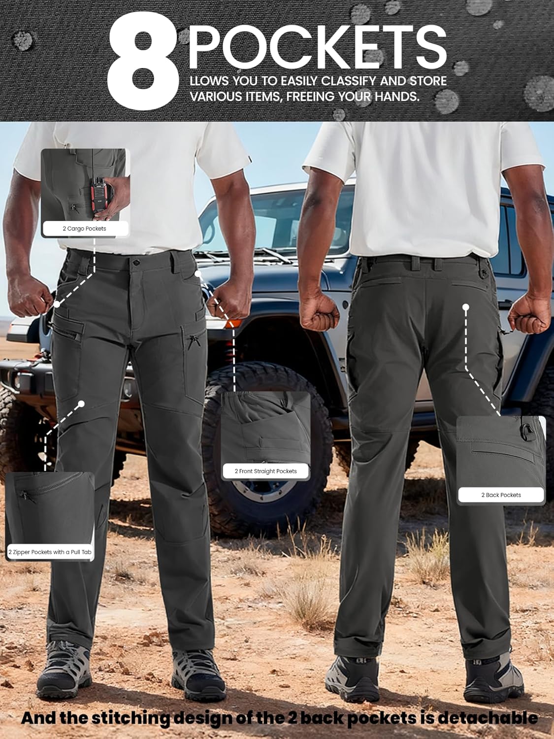 Men's Tactical Cargo Work Pants Water Resistant Stretch Lightweight Outdoor EDC Travel Hiking Pants with 8 Pockets - Image 5