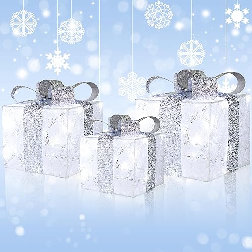 Cajas de regalo iluminadas de Navidad, juego de decoración para exhibición en interiores y exteriores con luces LED blancas para decoración de árbol