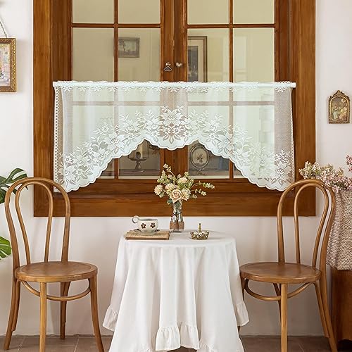 WUBODTI Cortinas de encaje color crema para cocina, cenefas de ventana con bordado floral traslúcido, decoración del hogar, cortinas de encaje para