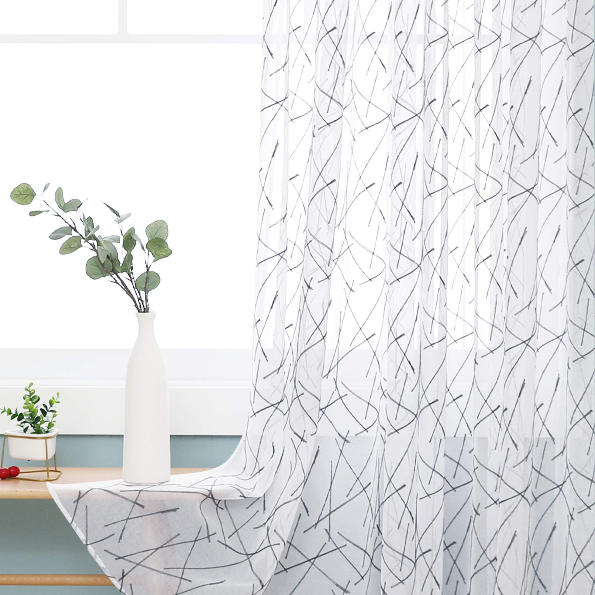 Deconovo Embroidered Line Pattern Sheer Curtains Eyelets Linen Effect Voile Curtains Super Soft Net Curtains for Living Room 55 x 71 Grey Two Panels — image 1