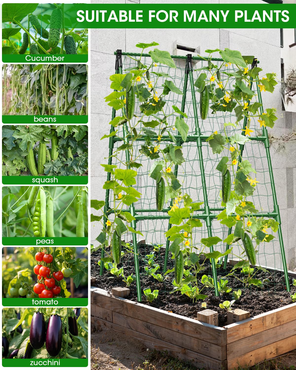 MYMULIKE Paquete de 4 enrejados de pepino, enrejado de jardín para plantas trepadoras al aire libre, enrejado de pepino con marco en A para cama elevada, soporte de cultivo de plantas para tomate