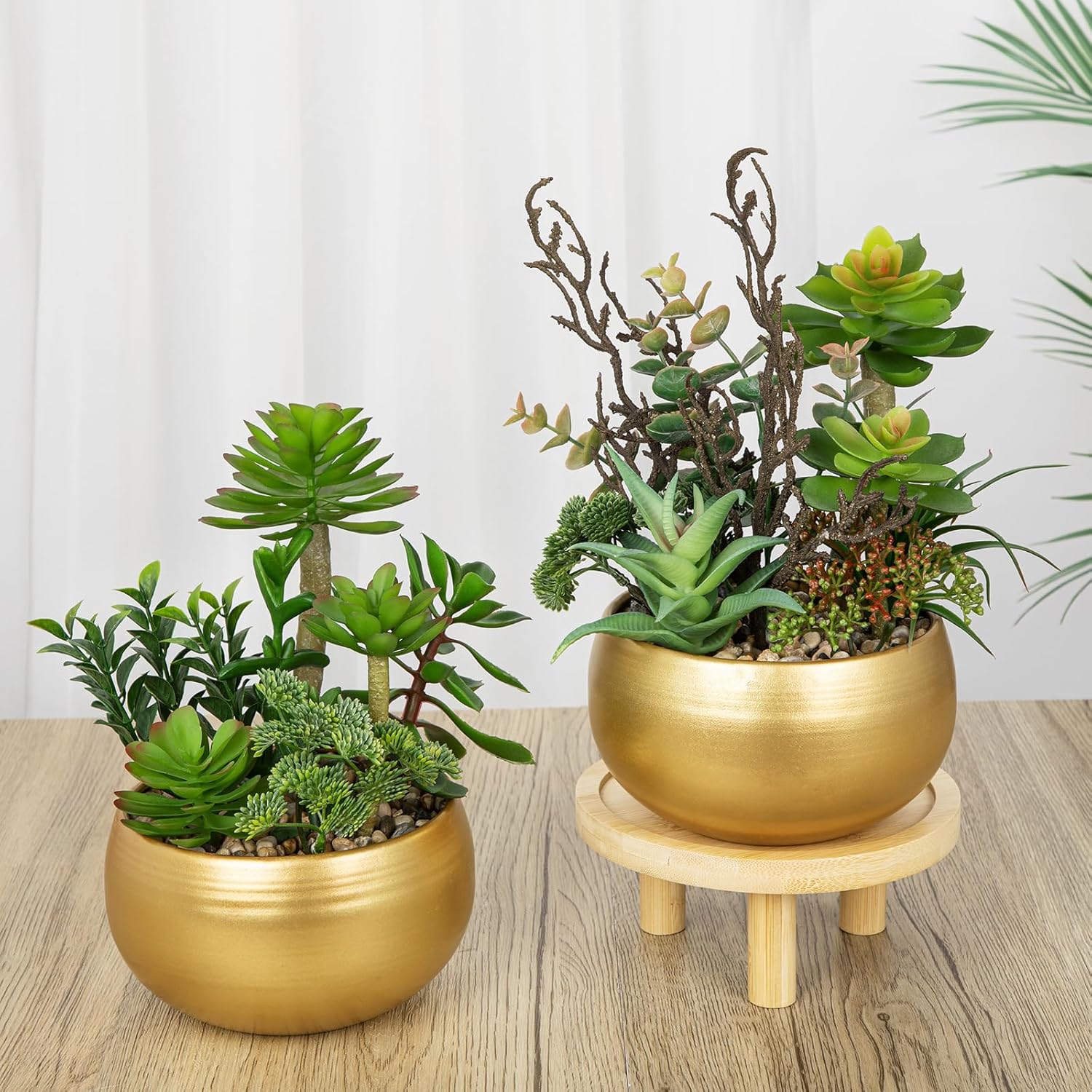 DILATATA Artificial Succulent Plants in Gold Pot Faux Succulent Arrangement Fake Potted Plants with Pebbles for Home Office Desk Shelf Table Decor