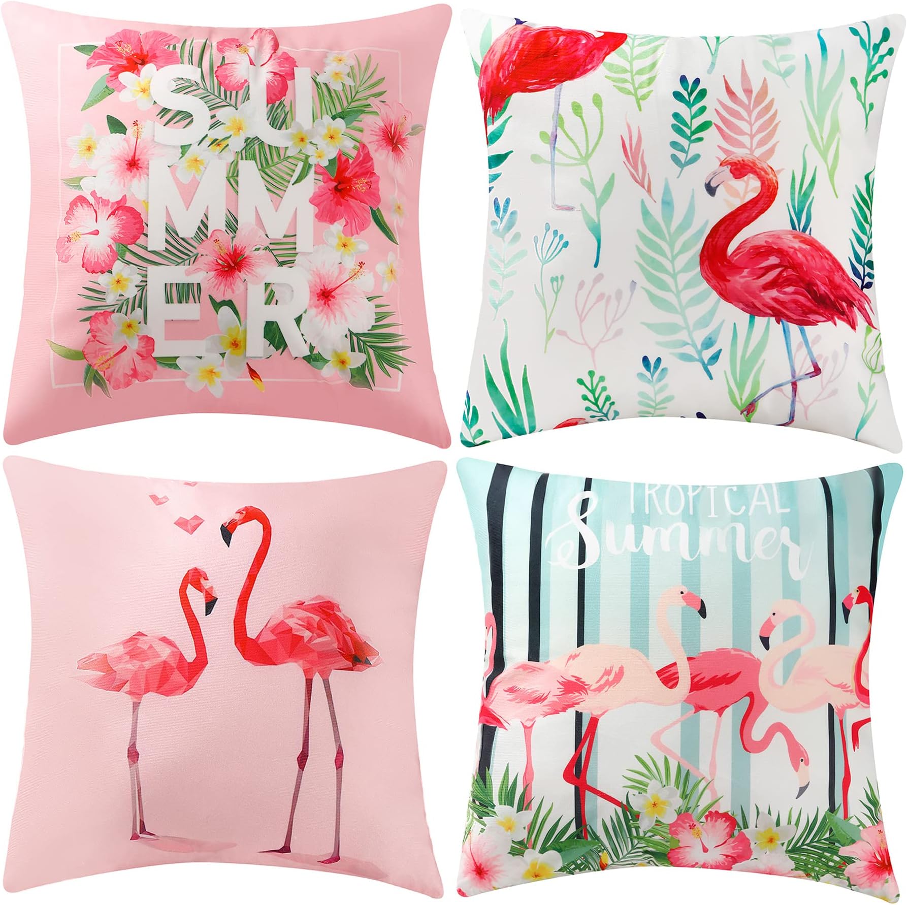4 Pcs Flamingo Throw Pillow Covers 18 x 18 Inch Decorative Pink Bird Pillowcases Tropical Leaves Cushion Covers for Sofa Couch Summer Holiday Home Decor (Flamingo, 18" x 18" Pack of 4)