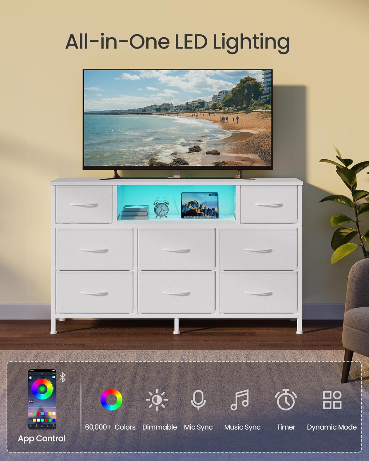 SONGMICS BELLAH Collection - Dresser for Bedroom with Outlets and LED Lights, TV Stand for TVs Up to 55 Inches, Chest of Drawers, 8 Drawers, Steel, Modern, Cloud White ULGS433WH02S