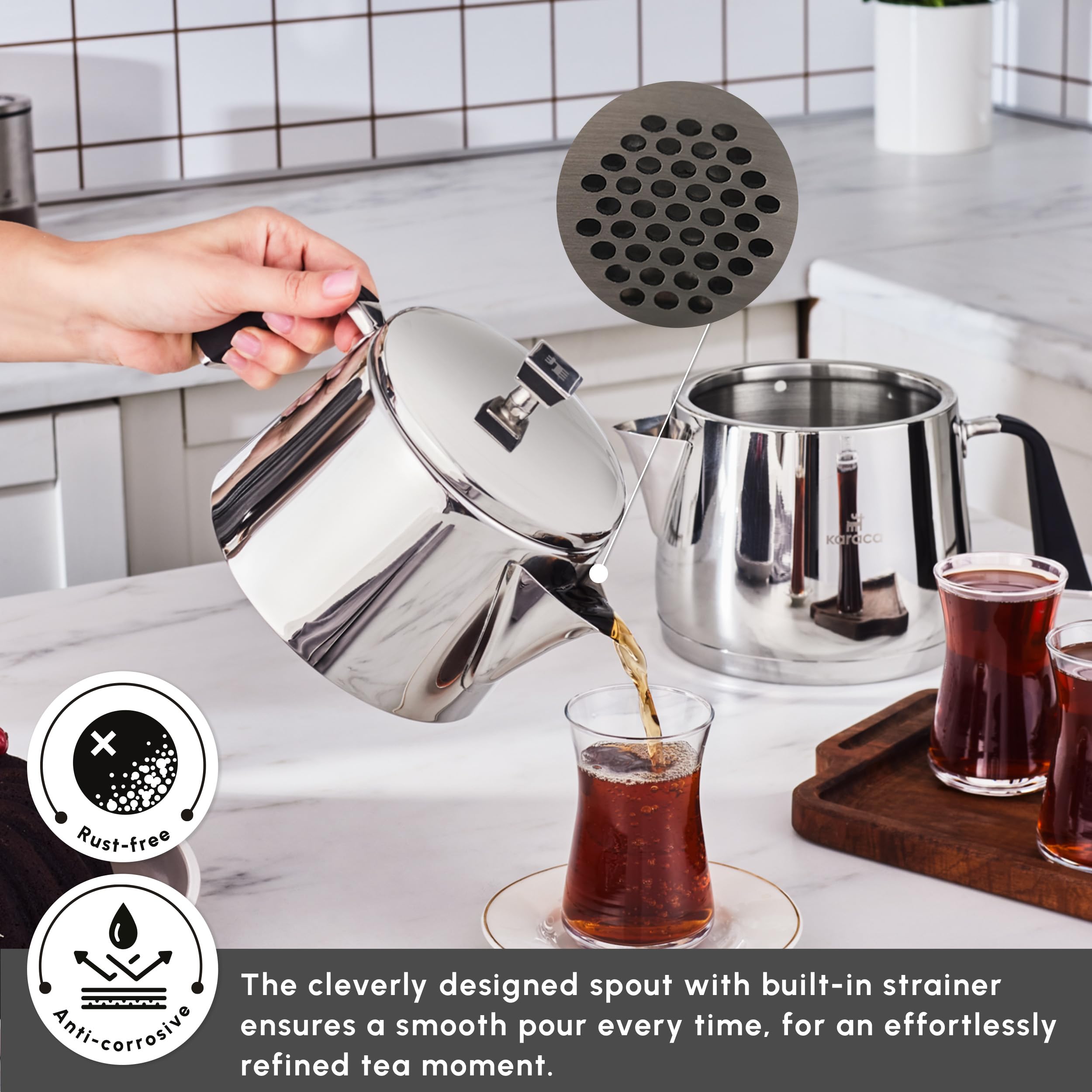 Karaca Fiona Schwarzes Türkisches Teekannen-Set, Induktionsgeeignet, 1L Teekanne & 2L Teekessel aus Edelstahl, Spülmaschinenfest, Türkische Teekanne, Teekocher, Tea Maker, Caydanlik, Demlik