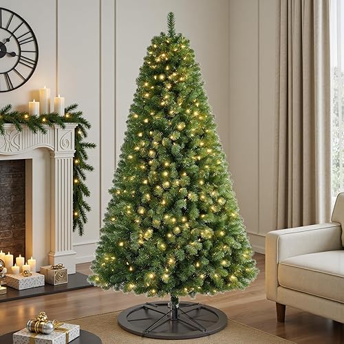 Vista 4 de Árbol de Navidad preiluminado de 6 pies, árbol de Navidad de abeto artificial con 600 puntas de ramas de PVC y 250 luces LED blancas cálidas, fácil