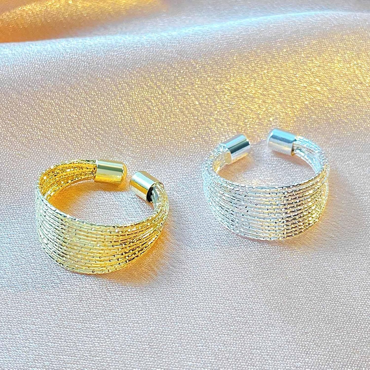 Chunky Statement Rings for Women Gold Silver Two Tone Multi Lines Rings Adjustable Wide Index Finger Rings Link Chain Open Wrap Rings Set Cool Jewelry - Image 3