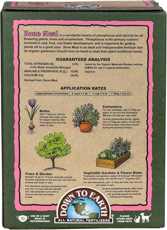 Down To Earth All Natural Fertilizers Organic Bone Meal - High Phosphorus Plant Food for Buds, Bulbs, Blooms, Flowers 3-15-0, 5 lb | High Phosphorus Plant Food for Buds, Bulbs, Blooms, Flowers, Onions, Garlic, Great Source of Calcium
